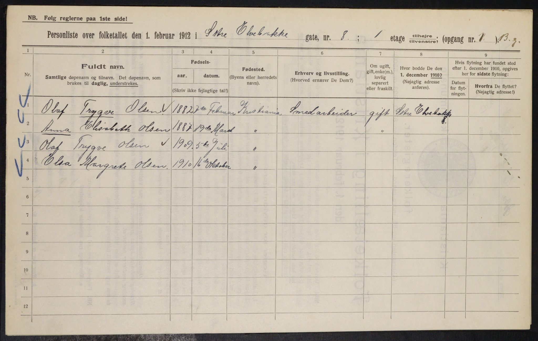 OBA, Municipal Census 1912 for Kristiania, 1912, p. 129415