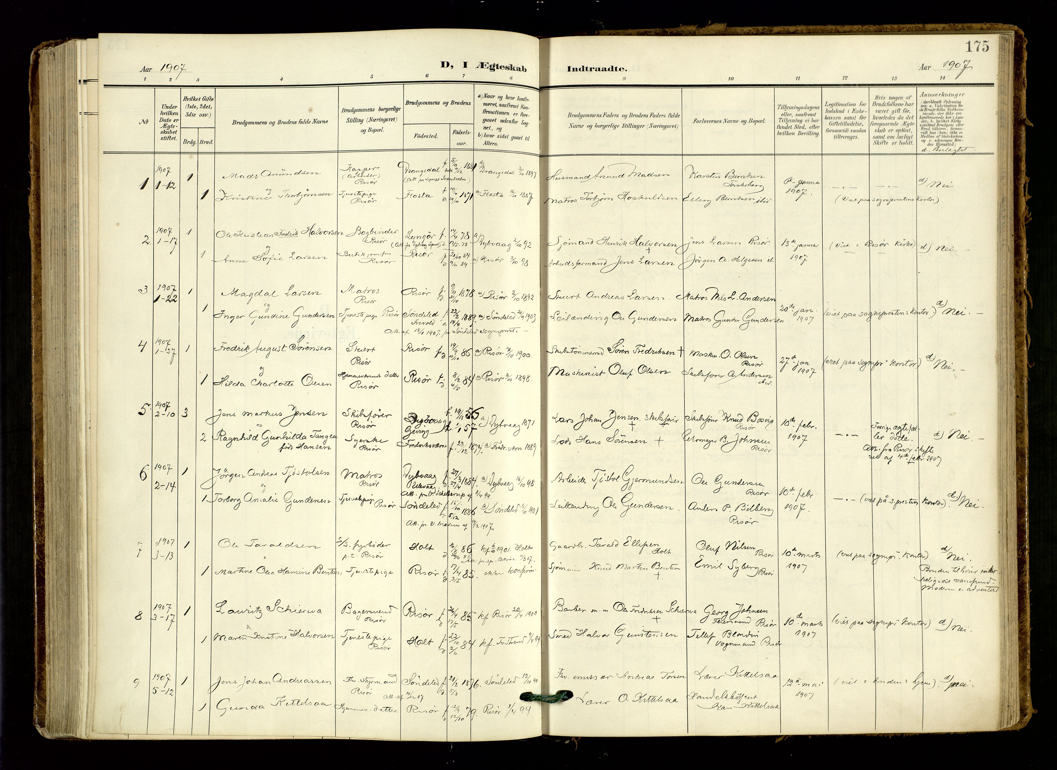 Risør sokneprestkontor, SAK/1111-0035/F/Fa/L0011: Parish register (official) no. A 11, 1907-1920, p. 175