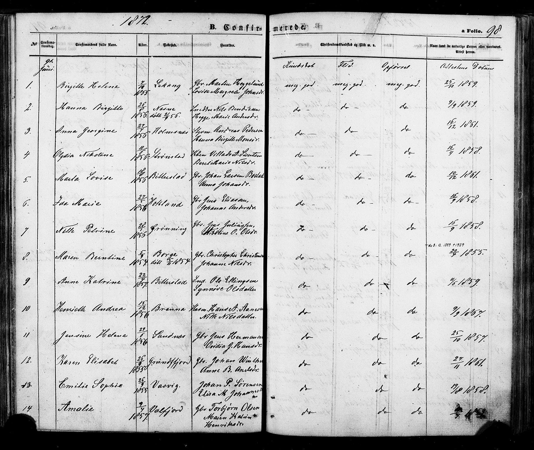 Ministerialprotokoller, klokkerbøker og fødselsregistre - Nordland, AV/SAT-A-1459/888/L1242: Parish register (official) no. 888A08, 1870-1875, p. 98