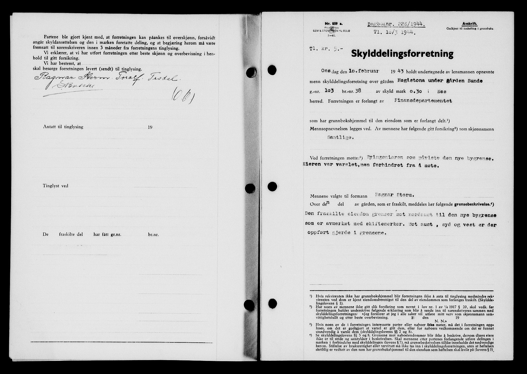 Flekkefjord sorenskriveri, SAK/1221-0001/G/Gb/Gba/L0059: Mortgage book no. A-7, 1944-1945, Diary no: : 228/1944