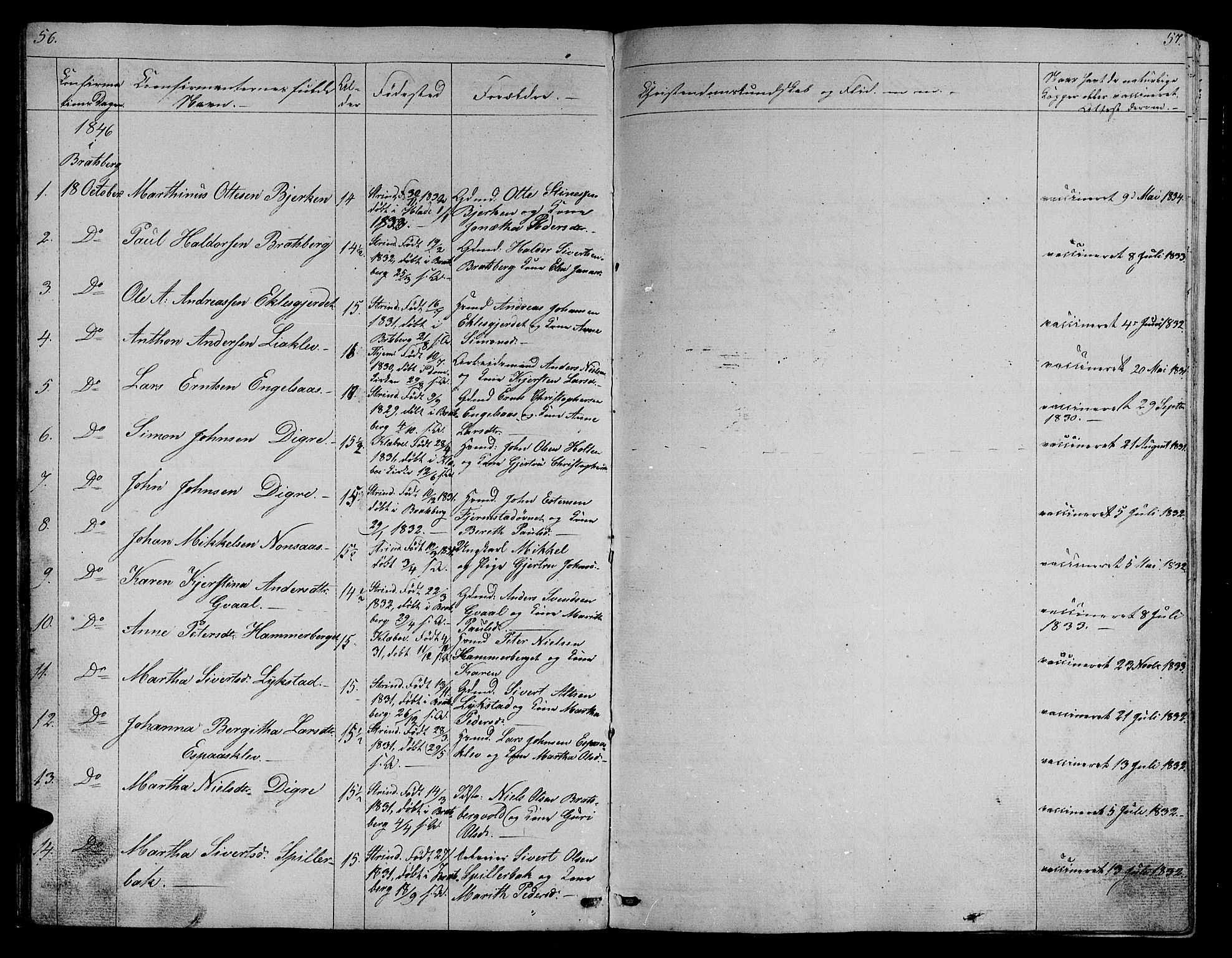 Ministerialprotokoller, klokkerbøker og fødselsregistre - Sør-Trøndelag, SAT/A-1456/608/L0339: Parish register (copy) no. 608C05, 1844-1863, p. 56-57