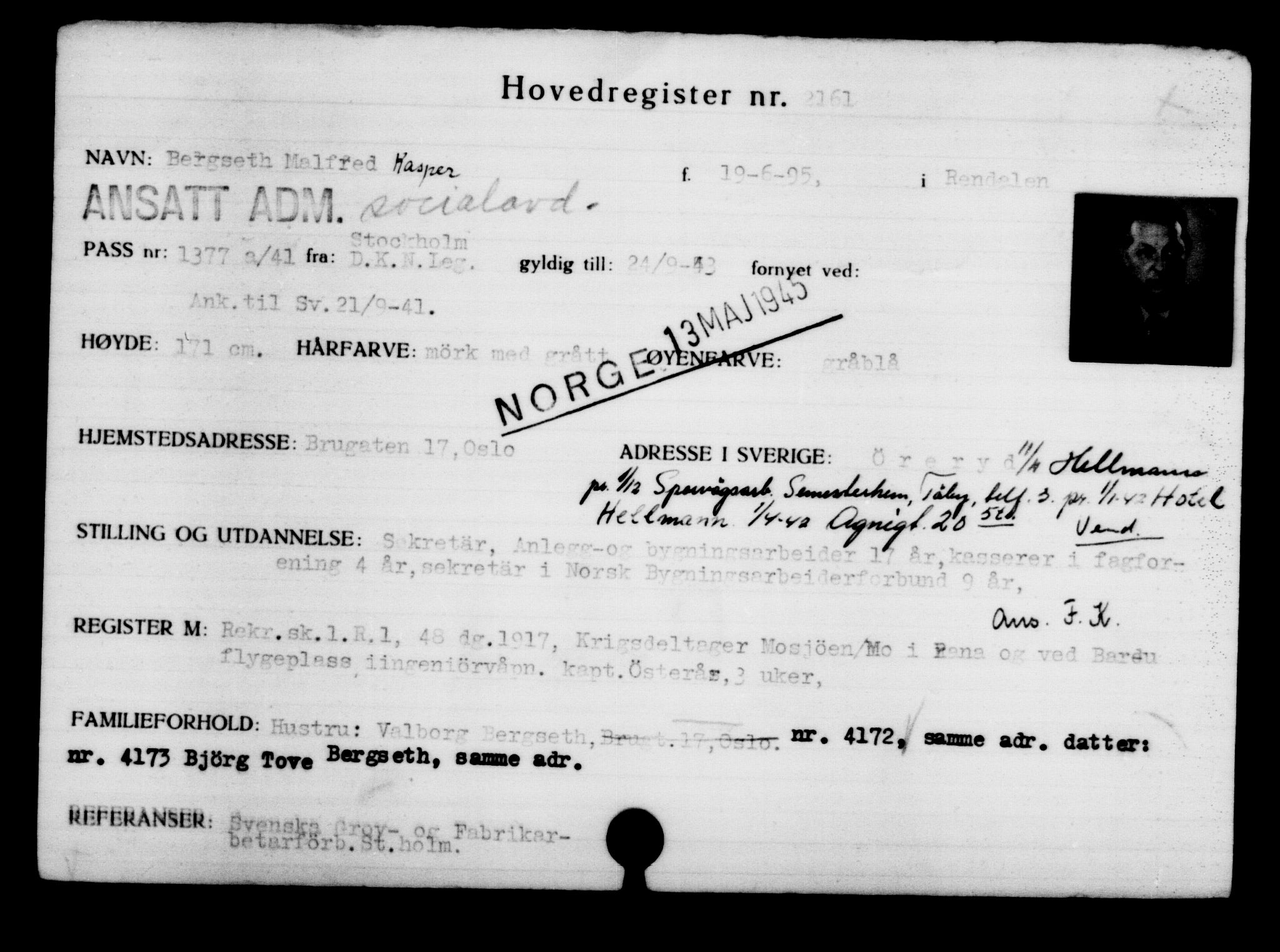 Utenriksstasjonene, Legasjonen i Stockholm, Flyktningkontoret, AV/RA-S-6753/V/Va/L0003: Kjesäterkartoteket, flyktninger med registreringsnr. 2001-3495, 1940-1945, p. 224