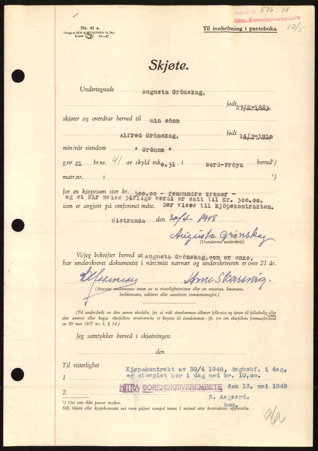 Hitra sorenskriveri, AV/SAT-A-0018/2/2C/2Ca: Mortgage book no. A5, 1947-1948, Diary no: : 576/1948