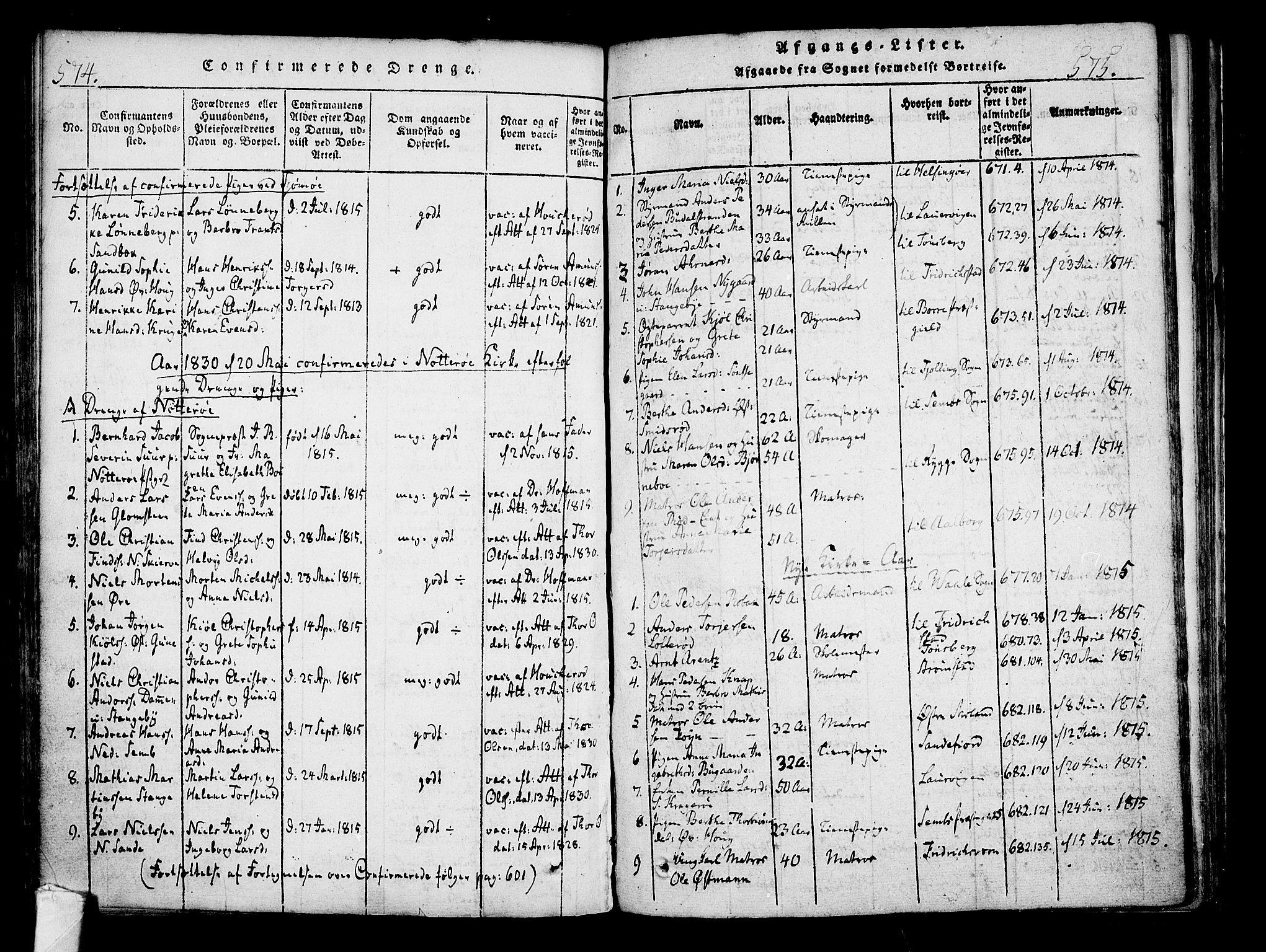 Nøtterøy kirkebøker, SAKO/A-354/F/Fa/L0004: Parish register (official) no. I 4, 1814-1838, p. 574-575