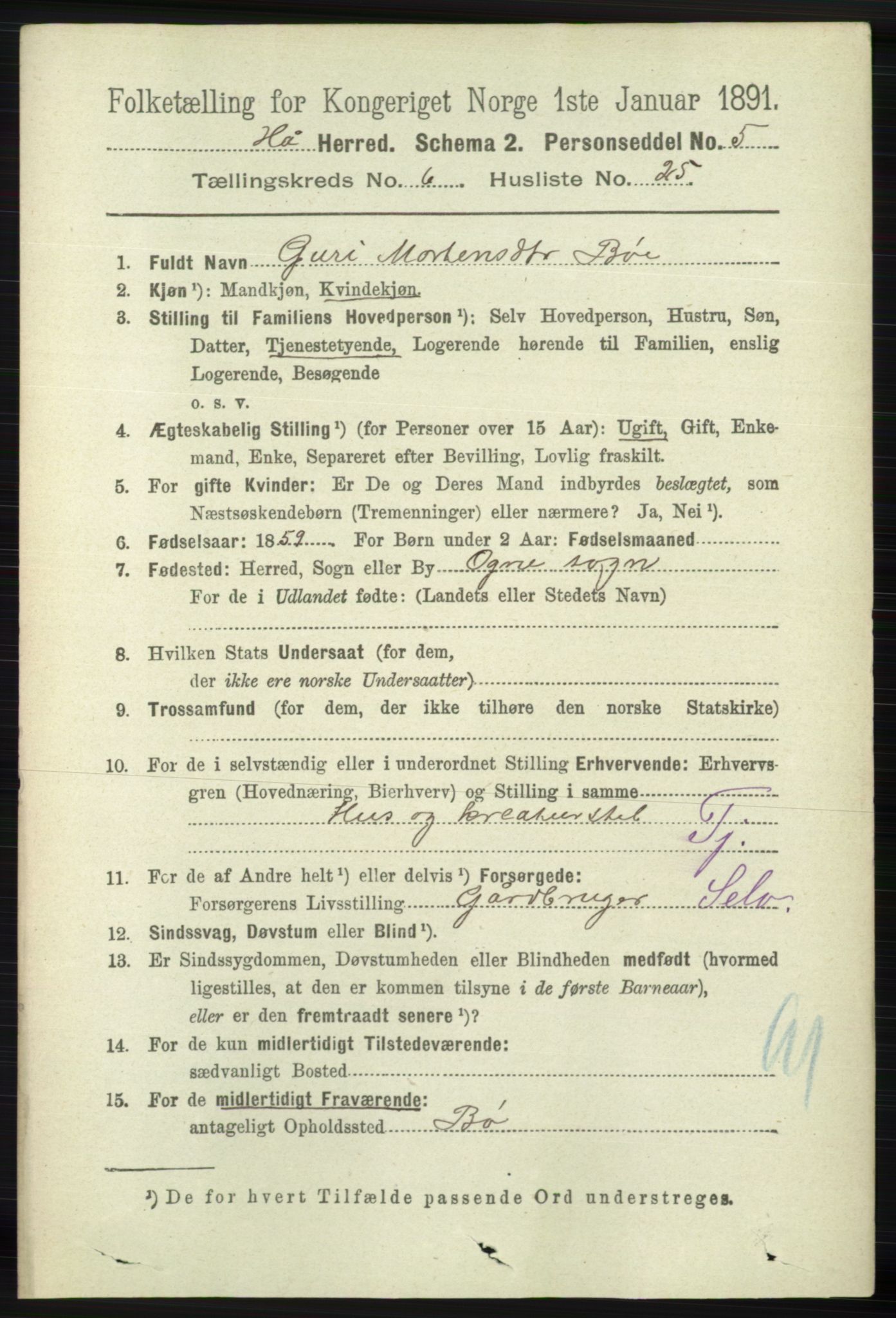 RA, 1891 census for 1119 Hå, 1891, p. 1888