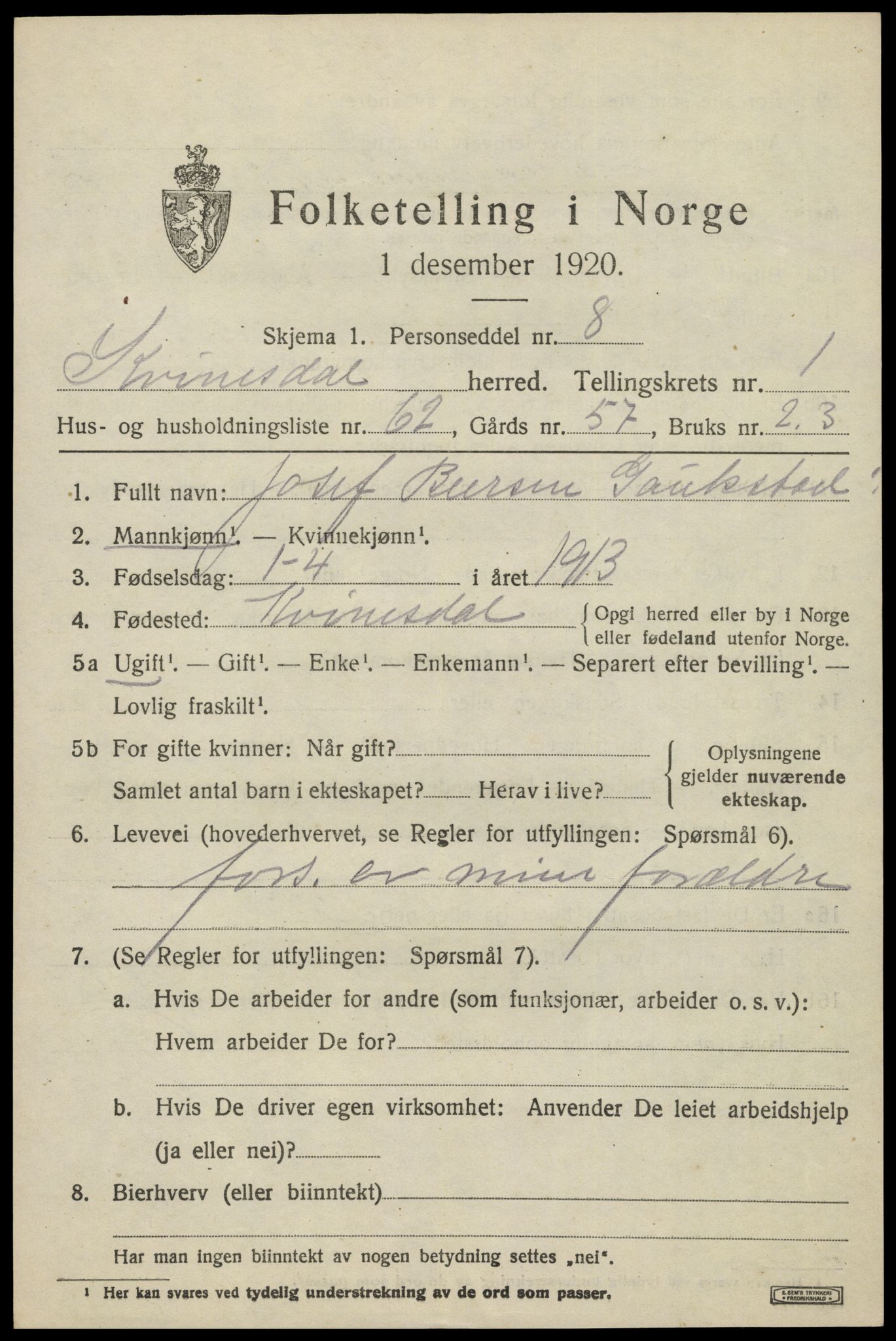 SAK, 1920 census for Kvinesdal, 1920, p. 1821