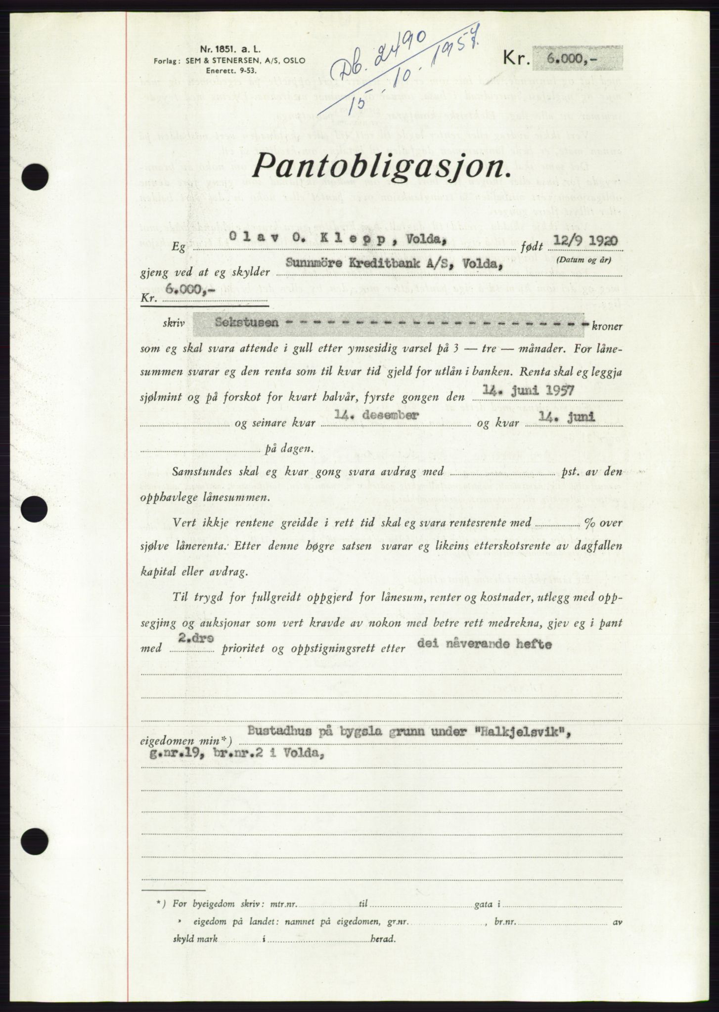 Søre Sunnmøre sorenskriveri, AV/SAT-A-4122/1/2/2C/L0130: Mortgage book no. 18B, 1957-1958, Diary no: : 2490/1957