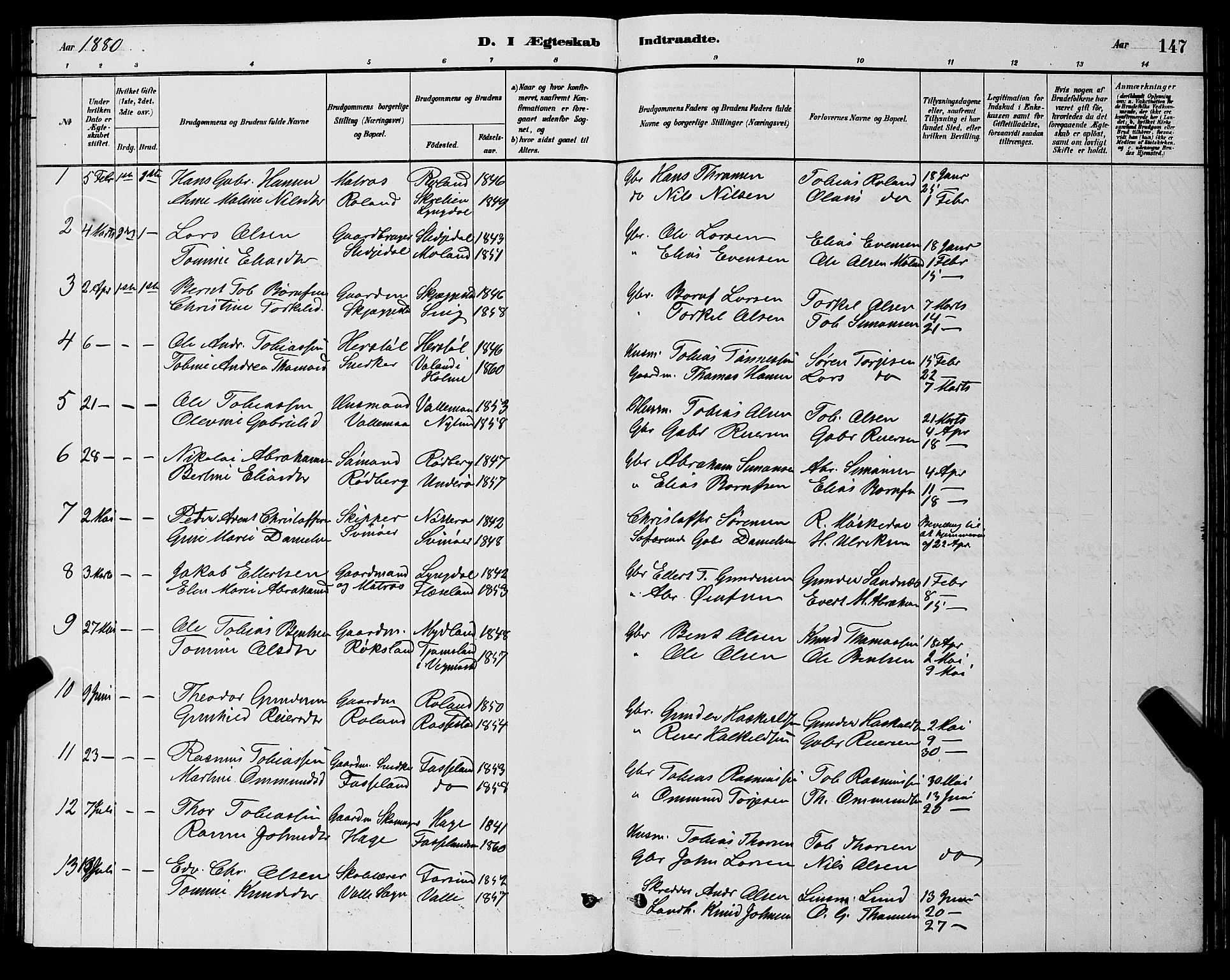 Sør-Audnedal sokneprestkontor, AV/SAK-1111-0039/F/Fb/Fbb/L0005: Parish register (copy) no. B 5, 1880-1892, p. 147