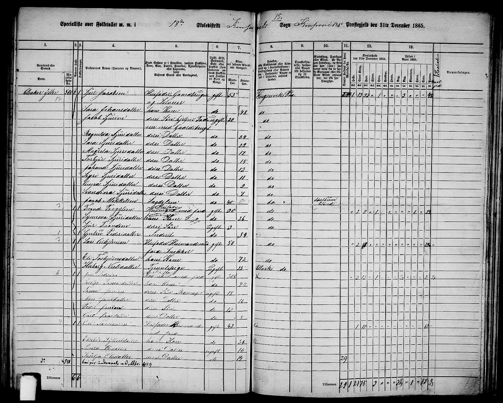 RA, 1865 census for Kinsarvik, 1865, p. 212