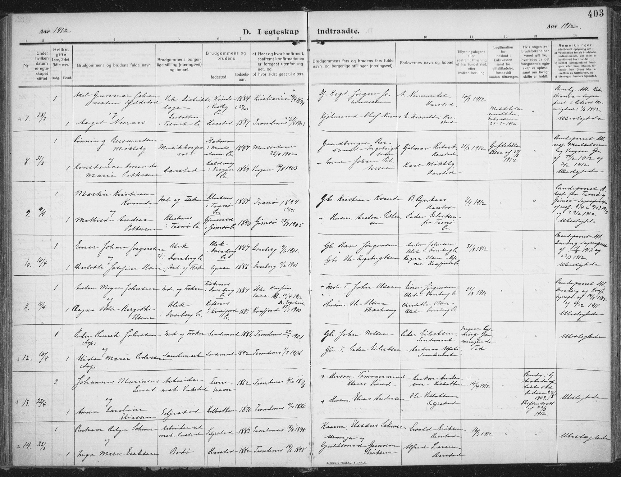 Trondenes sokneprestkontor, SATØ/S-1319/H/Ha/L0018kirke: Parish register (official) no. 18, 1909-1918, p. 403