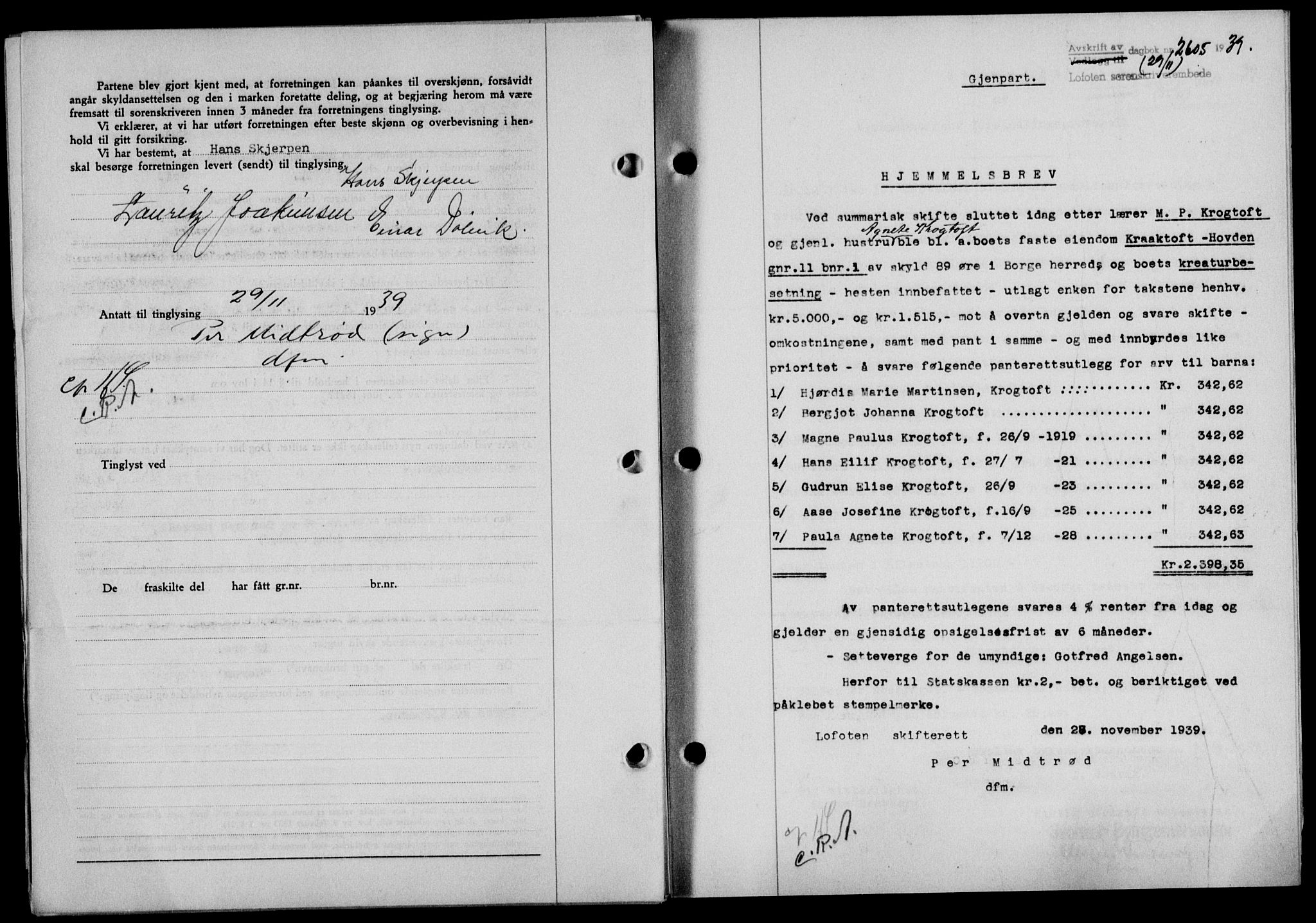 Lofoten sorenskriveri, SAT/A-0017/1/2/2C/L0006a: Mortgage book no. 6a, 1939-1939, Diary no: : 2605/1939