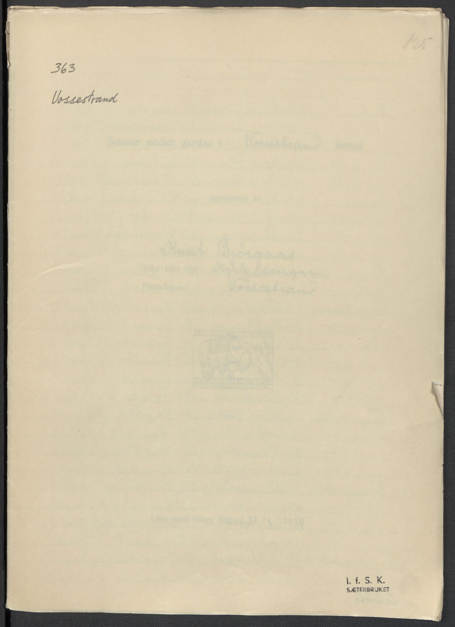 Instituttet for sammenlignende kulturforskning, AV/RA-PA-0424/F/Fc/L0010/0003: Eske B10: / Hordaland (perm XXVII), 1933-1936, p. 125