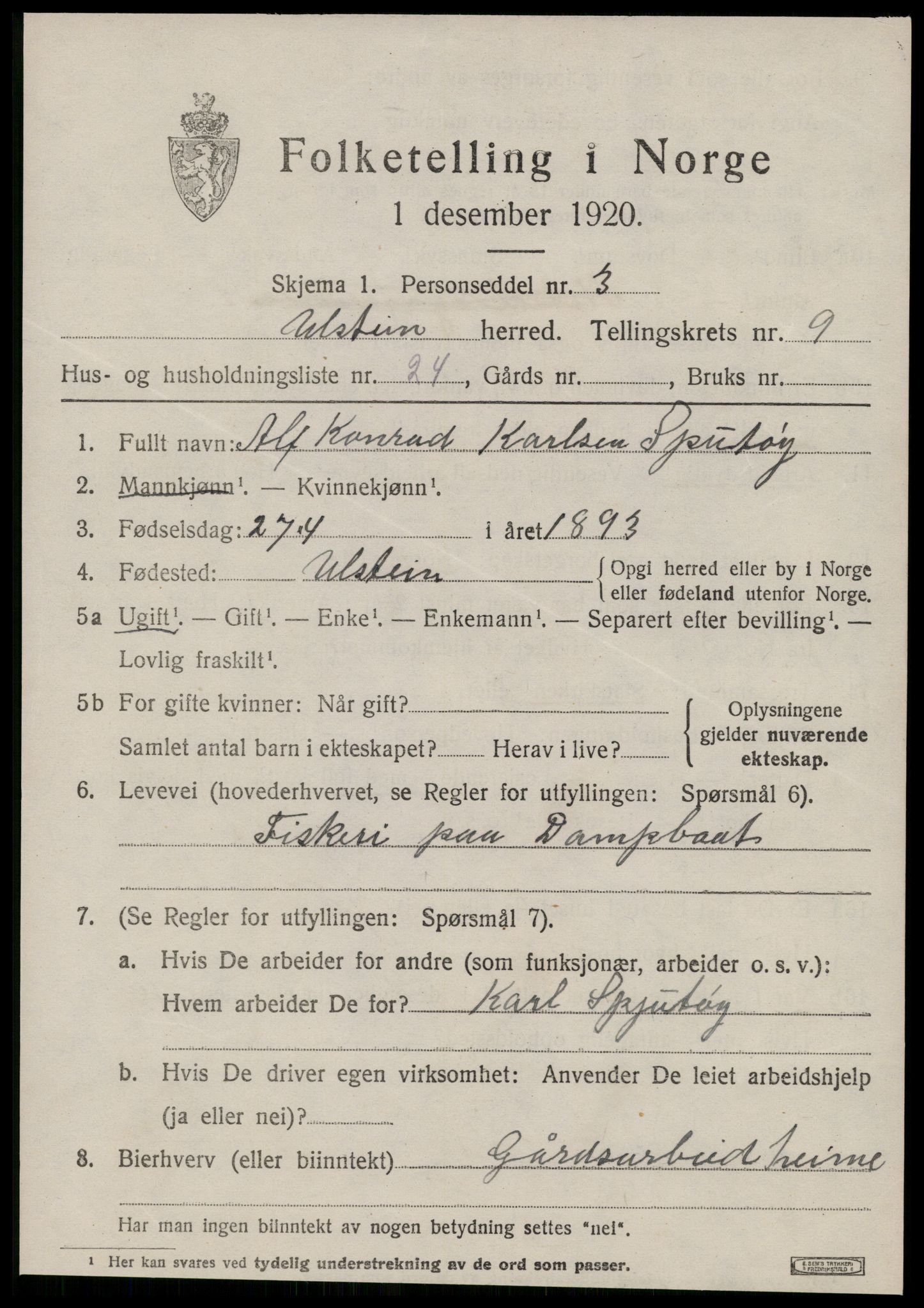 SAT, 1920 census for Ulstein, 1920, p. 5310