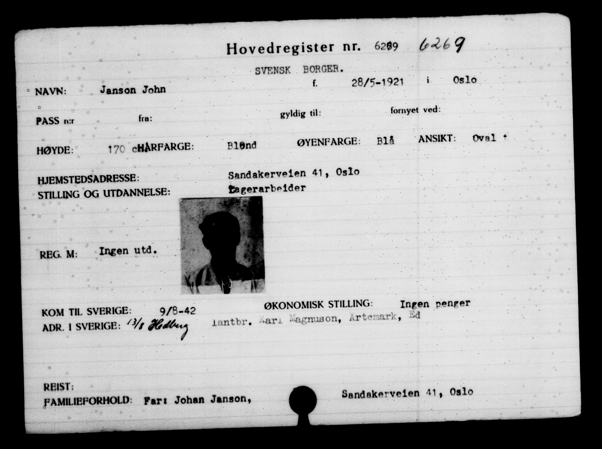 Utenriksstasjonene, Legasjonen i Stockholm, Flyktningkontoret, AV/RA-S-6753/V/Va/L0004: Kjesäterkartoteket, flyktninger med registreringsnr. 3496-6610, 1940-1945, p. 3264