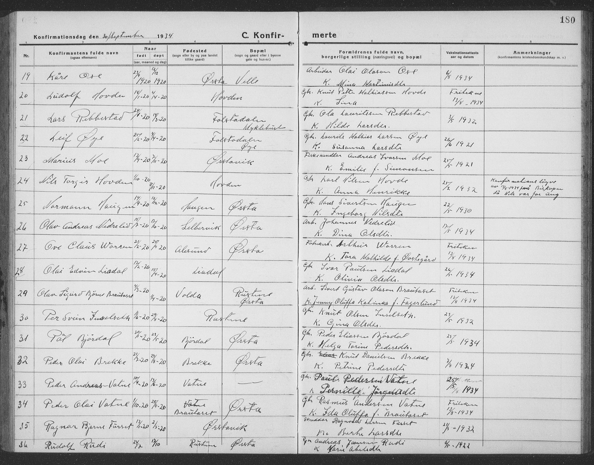Ministerialprotokoller, klokkerbøker og fødselsregistre - Møre og Romsdal, SAT/A-1454/513/L0191: Parish register (copy) no. 513C05, 1920-1941, p. 180