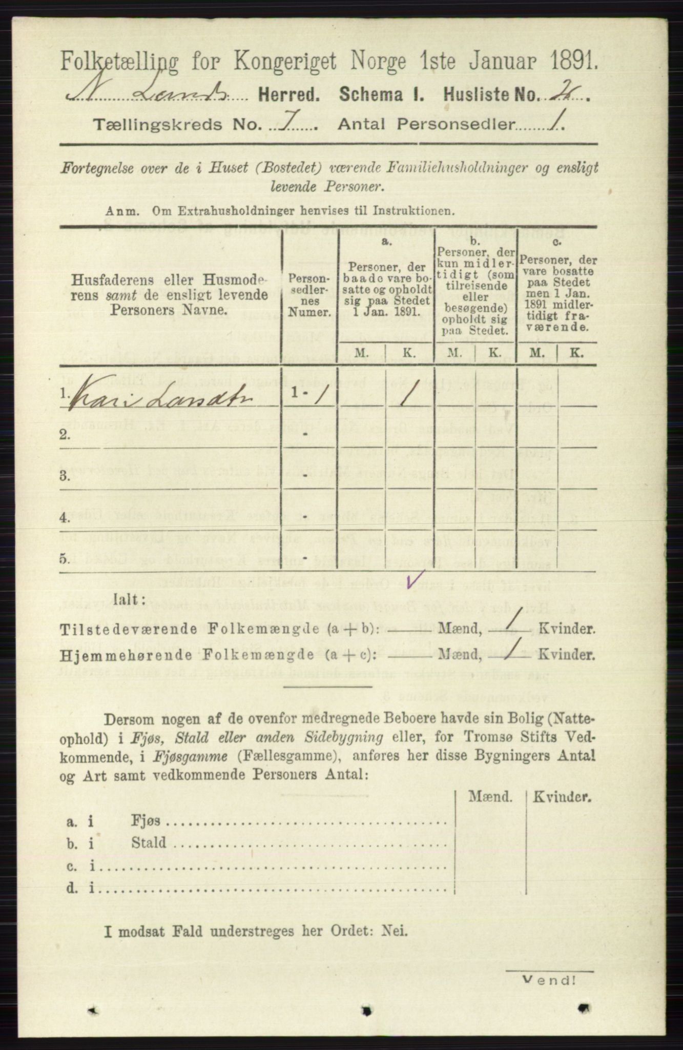 RA, 1891 census for 0538 Nordre Land, 1891, p. 1891