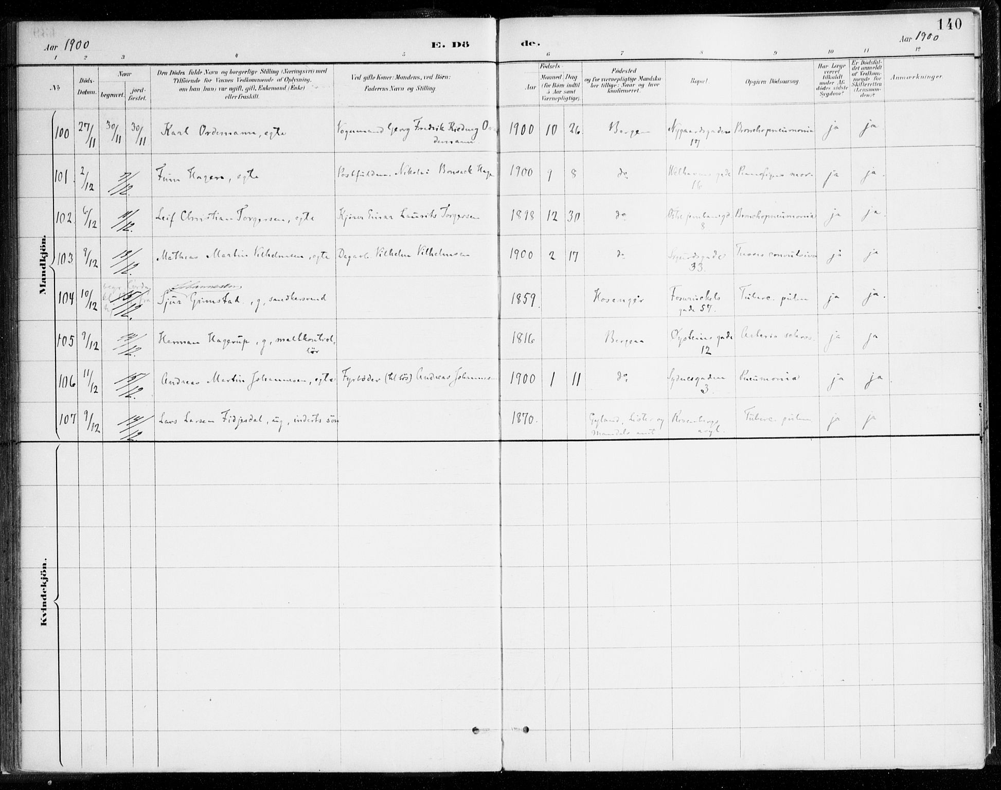 Johanneskirken sokneprestembete, SAB/A-76001/H/Haa/L0019: Parish register (official) no. E 1, 1885-1915, p. 140