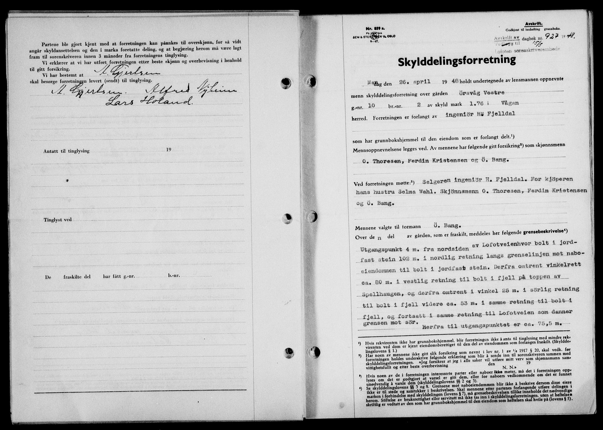 Lofoten sorenskriveri, SAT/A-0017/1/2/2C/L0018a: Mortgage book no. 18a, 1948-1948, Diary no: : 927/1948