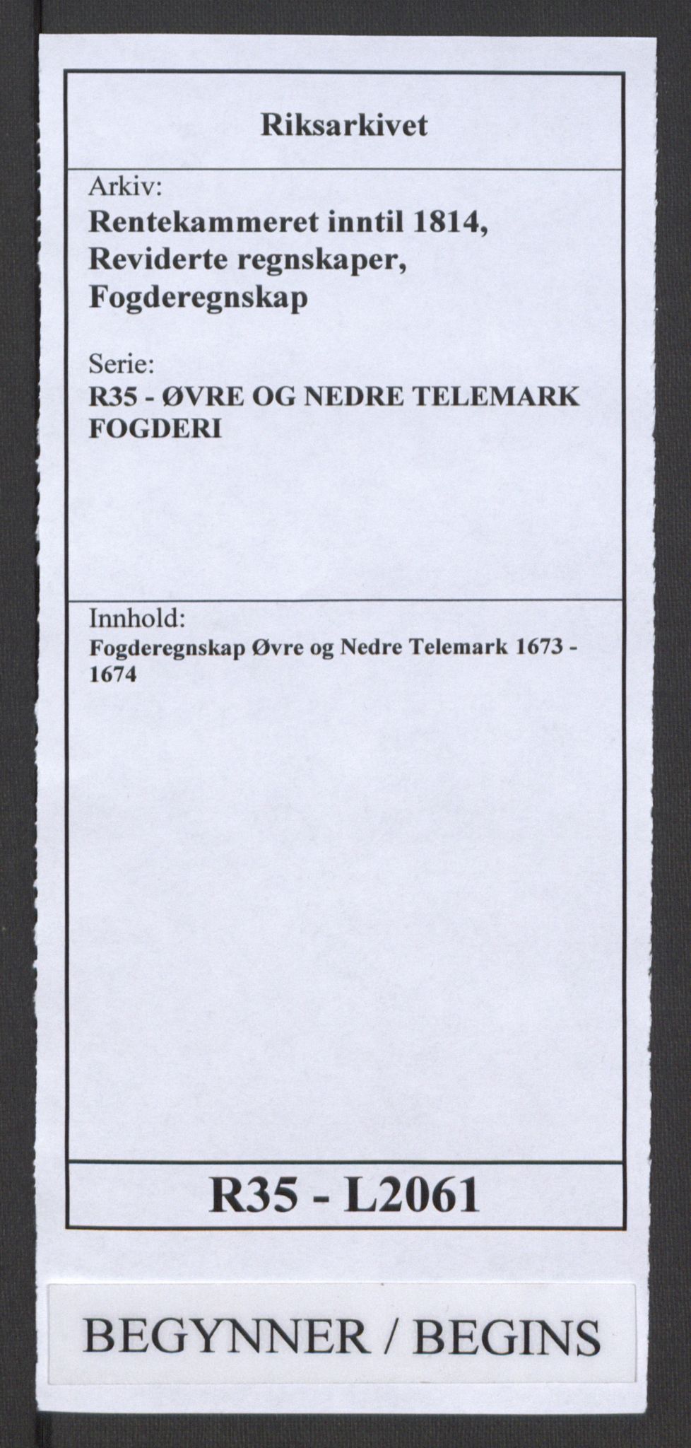 Rentekammeret inntil 1814, Reviderte regnskaper, Fogderegnskap, RA/EA-4092/R35/L2061: Fogderegnskap Øvre og Nedre Telemark, 1673-1674, p. 1