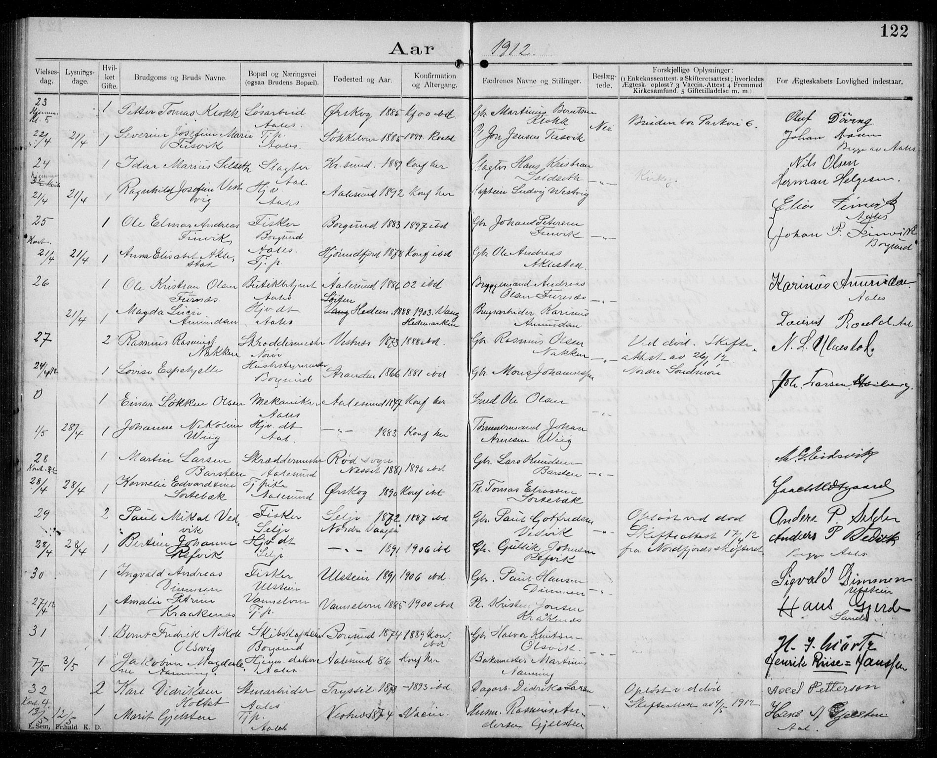 Ministerialprotokoller, klokkerbøker og fødselsregistre - Møre og Romsdal, AV/SAT-A-1454/529/L0458: Banns register no. 529A08, 1901-1918, p. 122