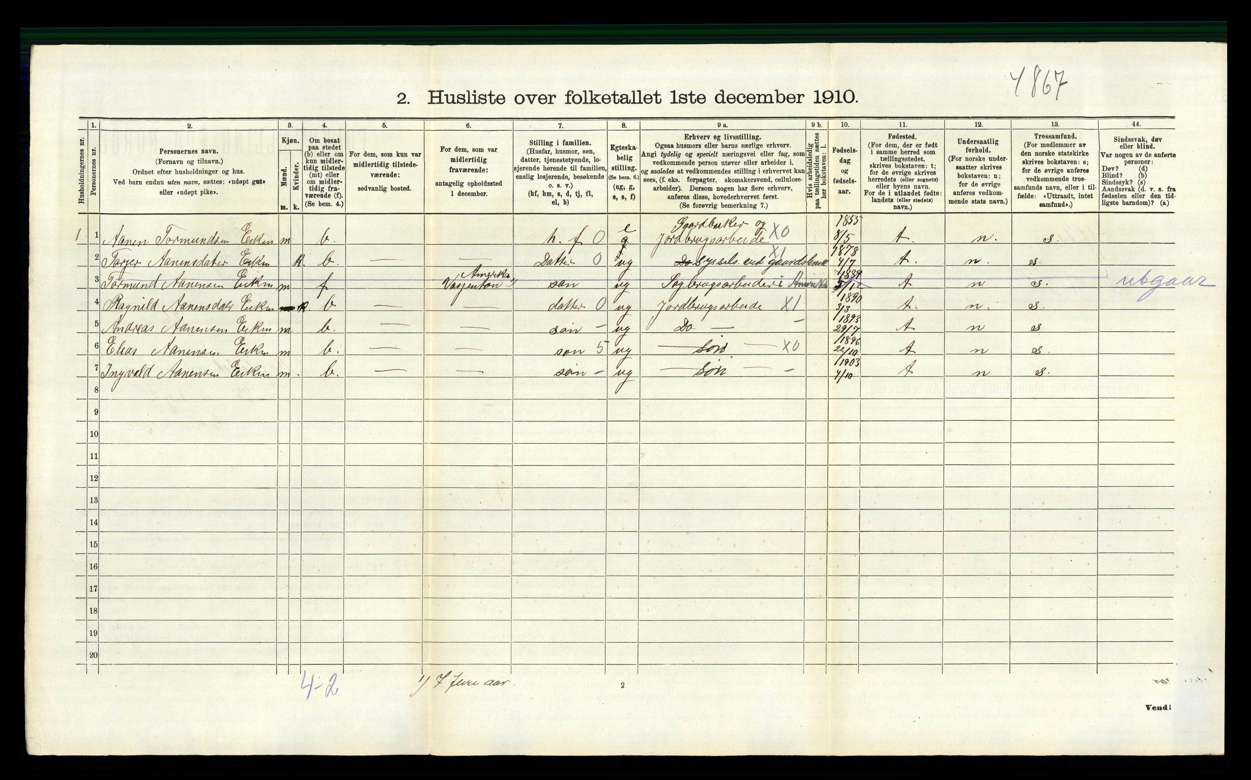 RA, 1910 census for Hægebostad, 1910, p. 758