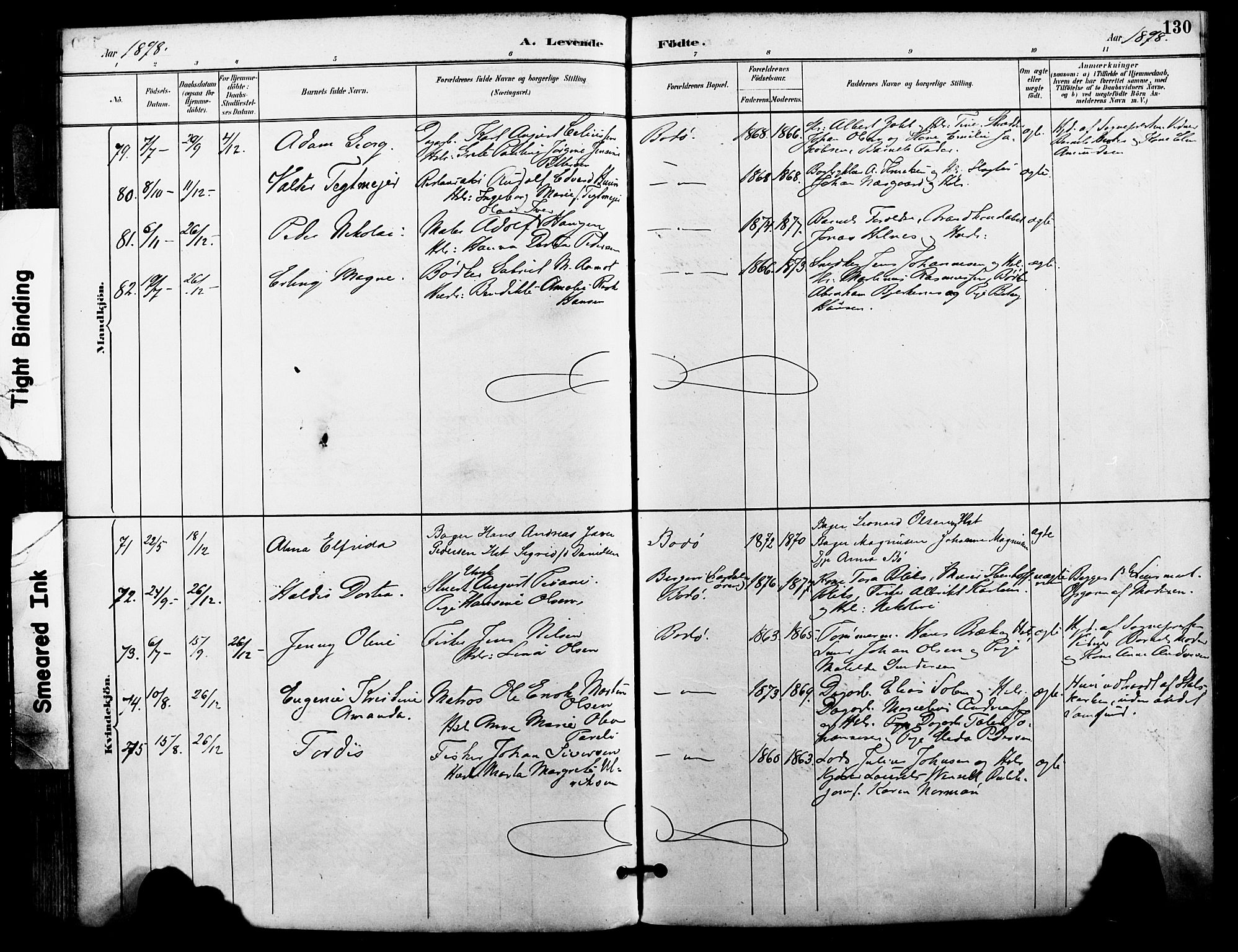 Ministerialprotokoller, klokkerbøker og fødselsregistre - Nordland, SAT/A-1459/801/L0010: Parish register (official) no. 801A10, 1888-1899, p. 130
