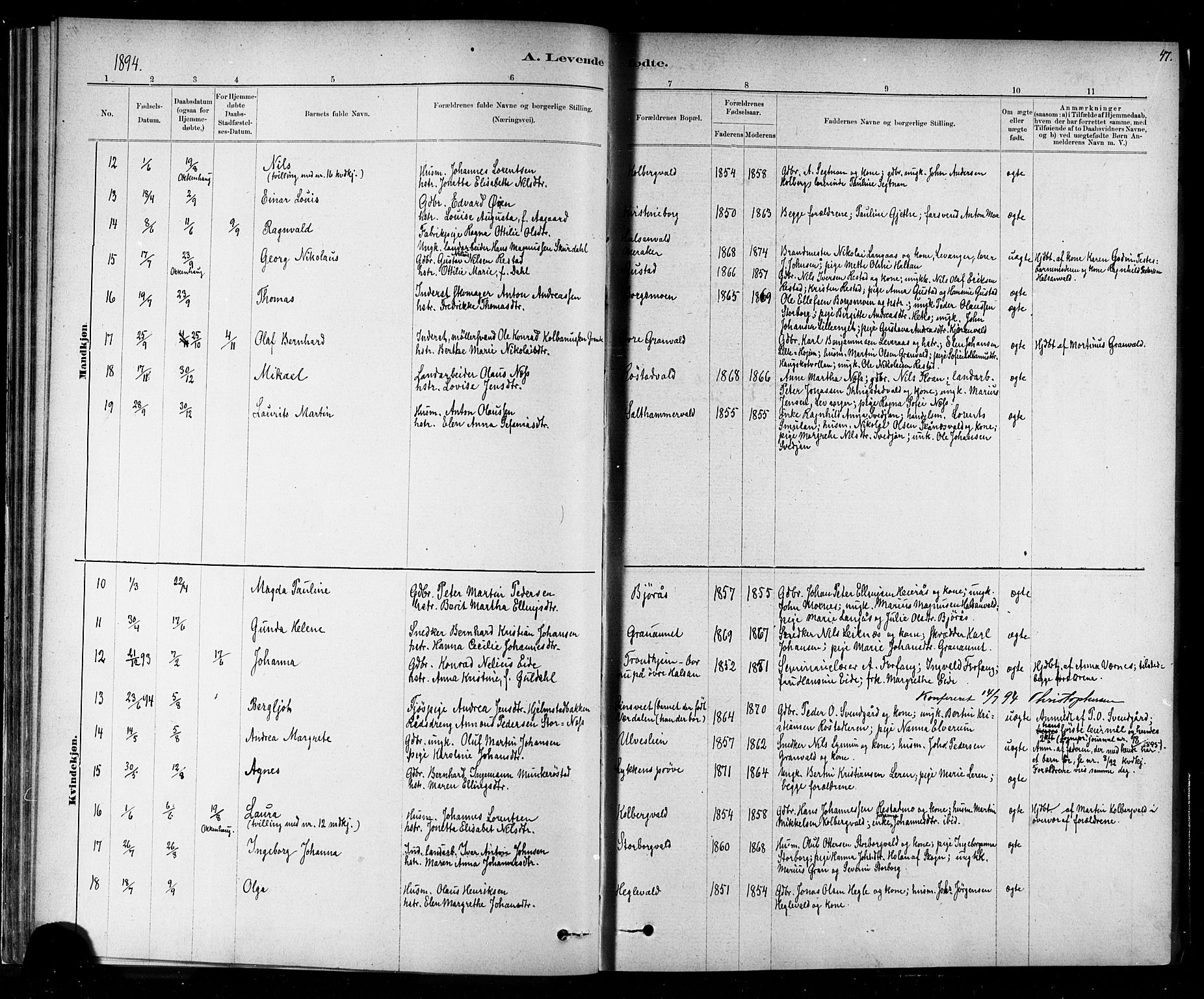 Ministerialprotokoller, klokkerbøker og fødselsregistre - Nord-Trøndelag, AV/SAT-A-1458/721/L0208: Parish register (copy) no. 721C01, 1880-1917, p. 47