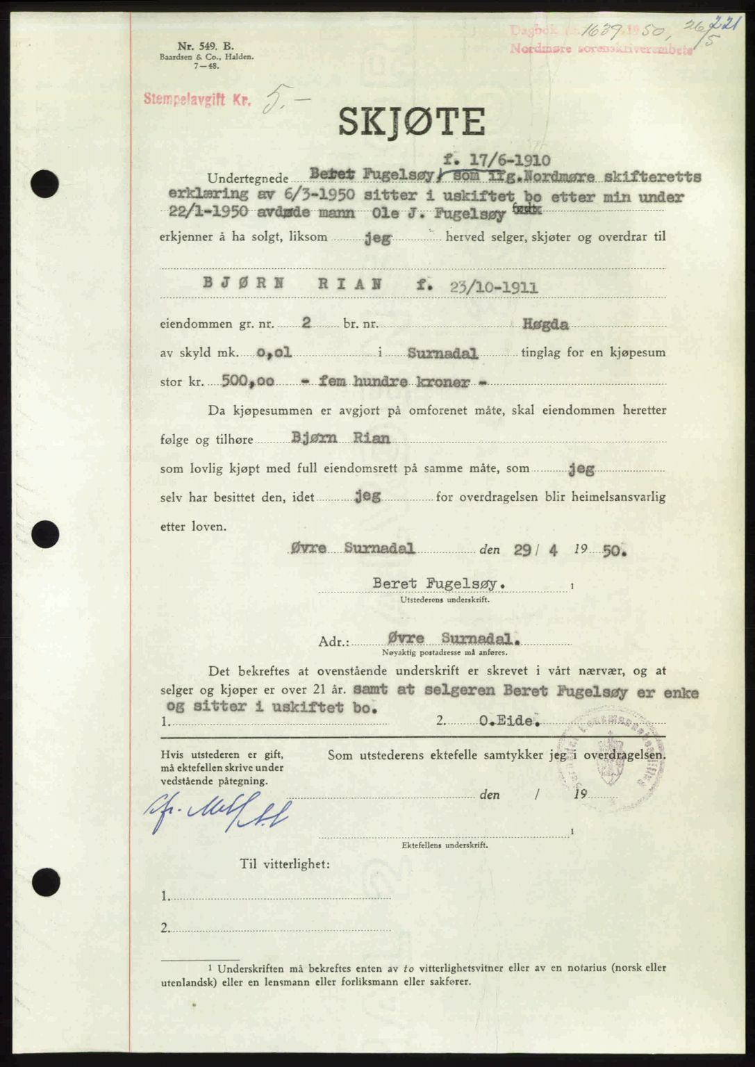 Nordmøre sorenskriveri, AV/SAT-A-4132/1/2/2Ca: Mortgage book no. A115, 1950-1950, Diary no: : 1639/1950