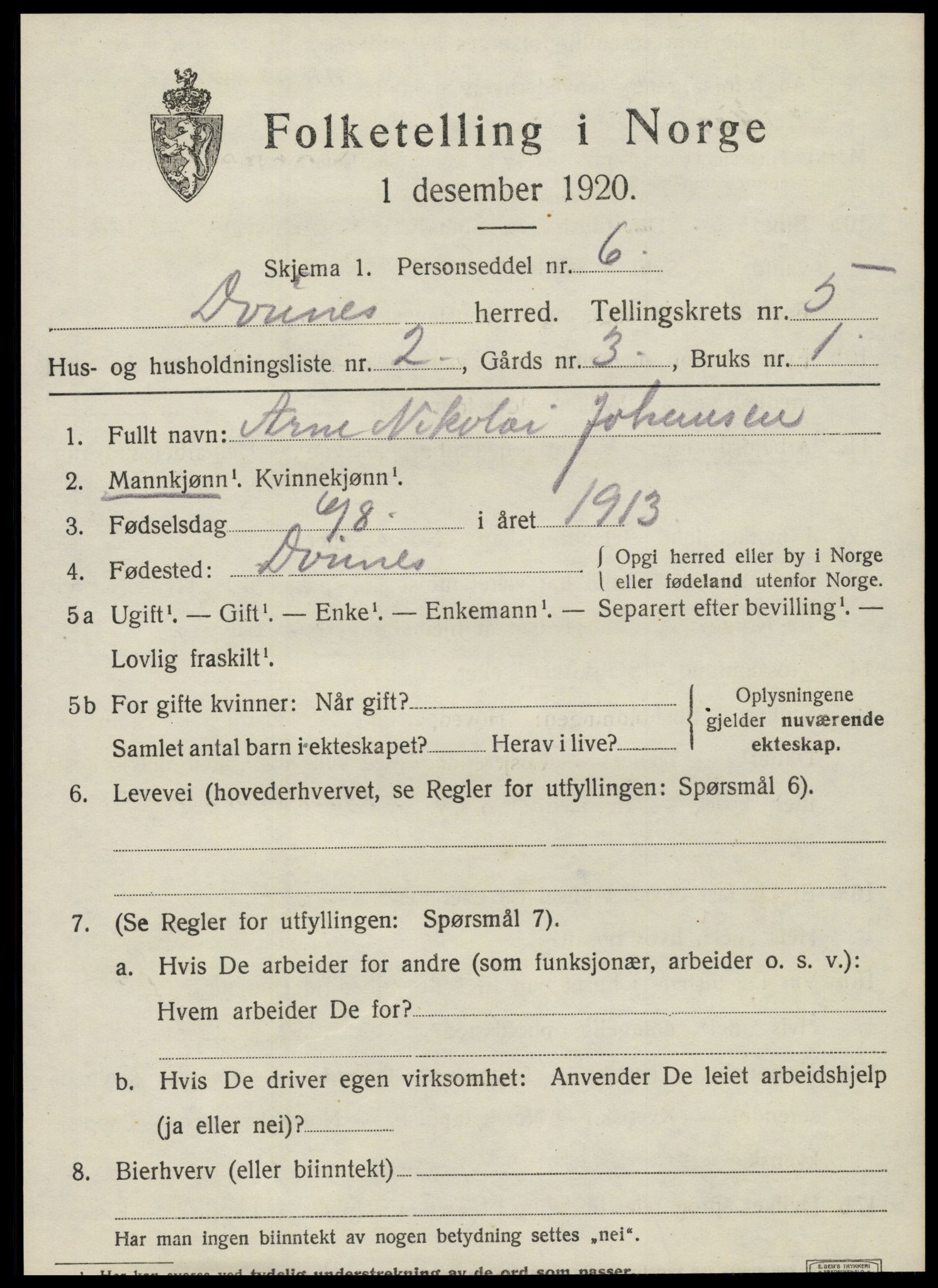 SAT, 1920 census for Dønnes, 1920, p. 2900