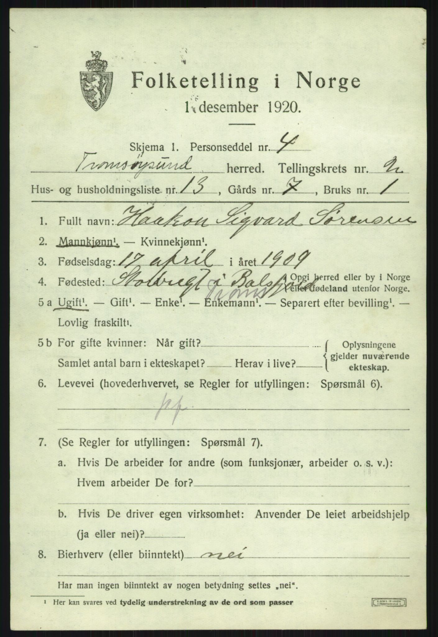 SATØ, 1920 census for Tromsøysund, 1920, p. 2542