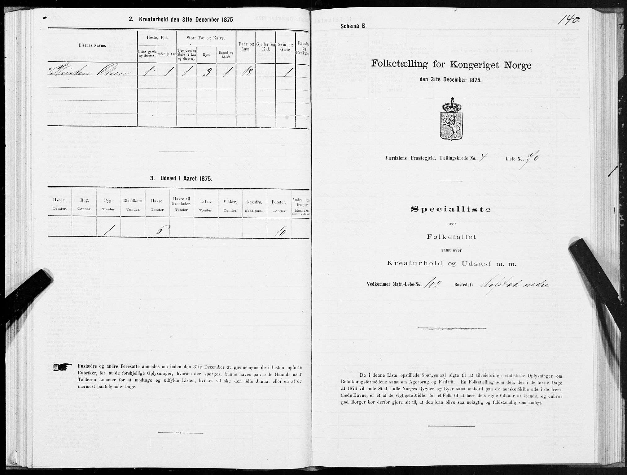 SAT, 1875 census for 1721P Verdal, 1875, p. 3140