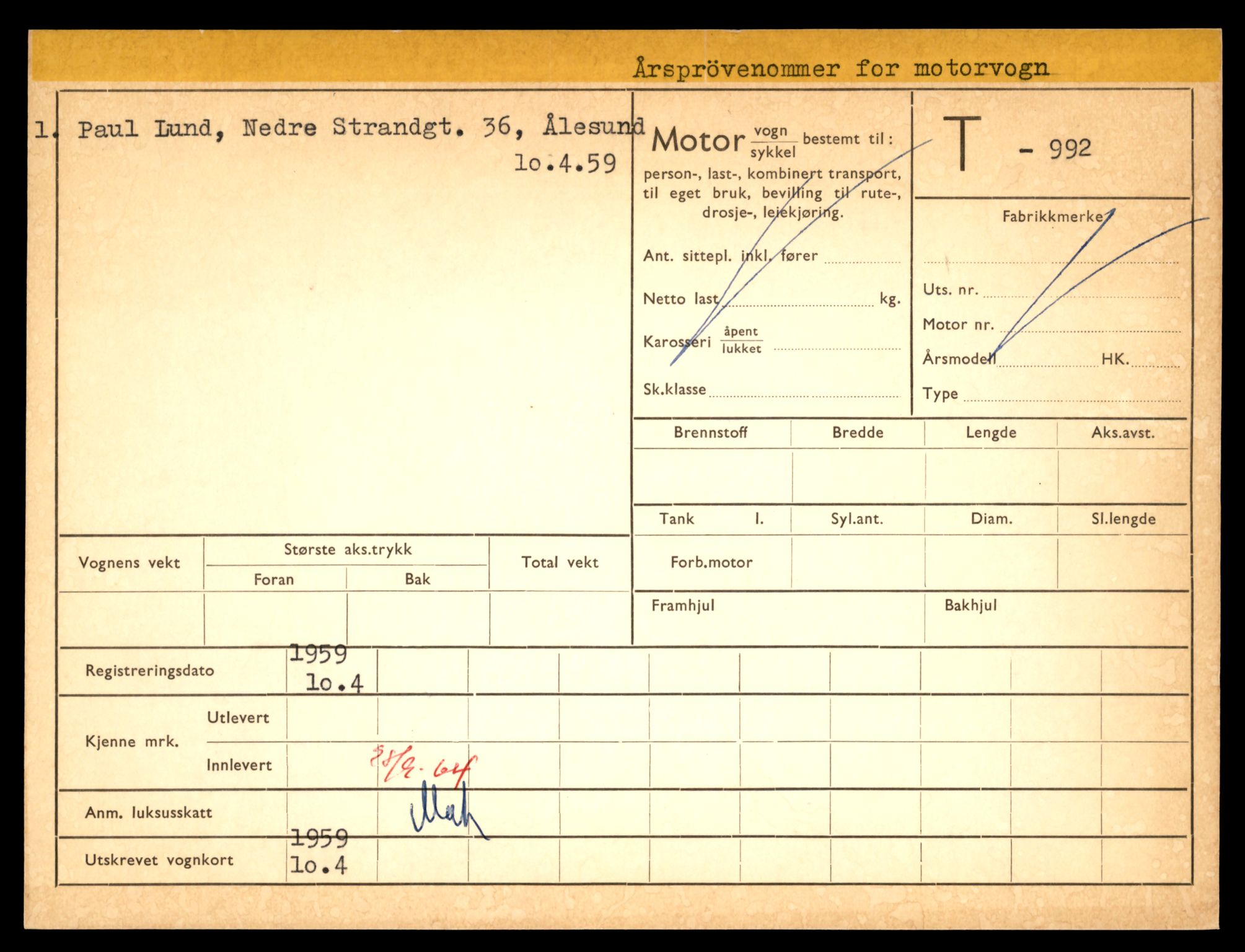 Møre og Romsdal vegkontor - Ålesund trafikkstasjon, SAT/A-4099/F/Fe/L0009: Registreringskort for kjøretøy T 896 - T 1049, 1927-1998, p. 1313