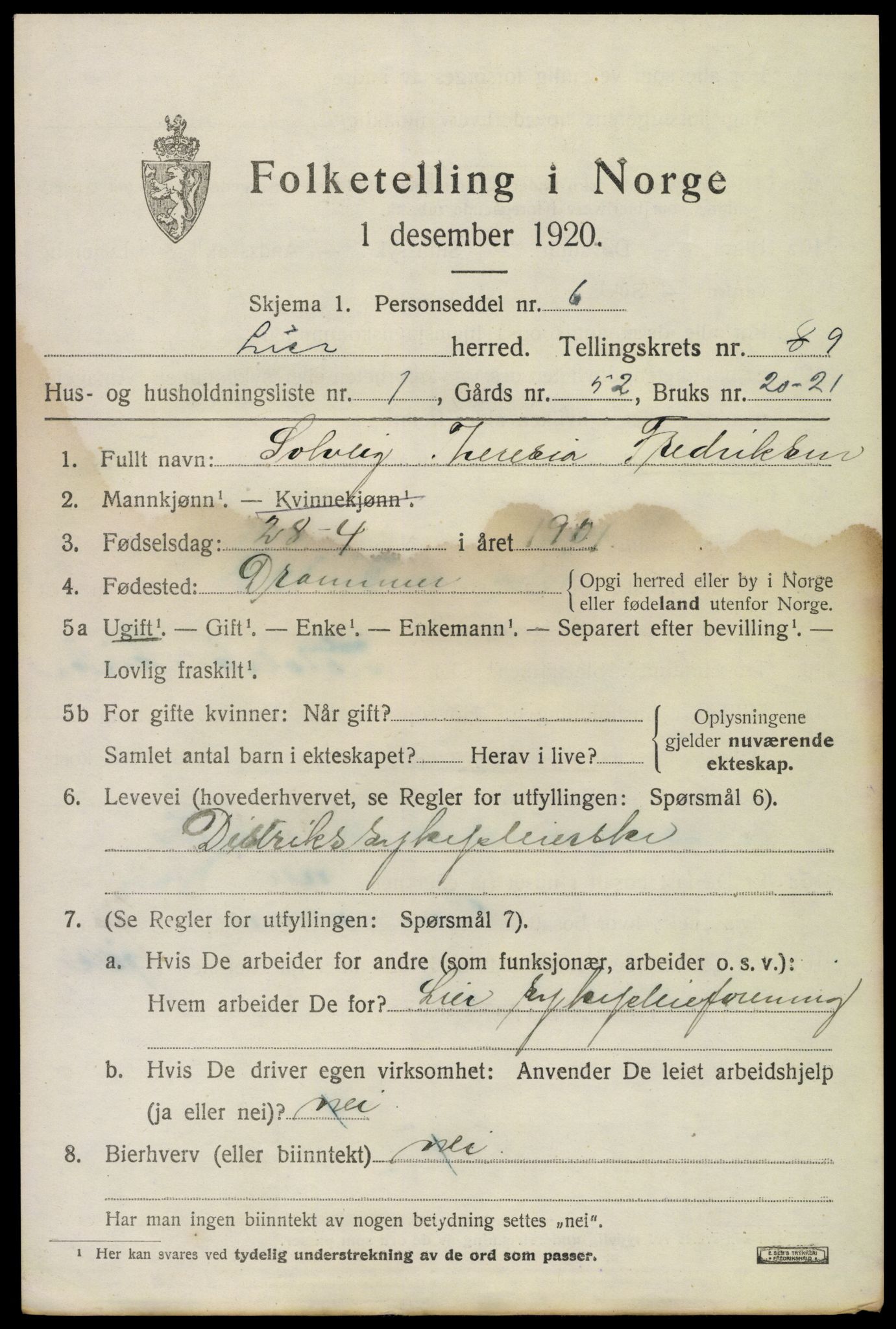 SAKO, 1920 census for Lier, 1920, p. 14810