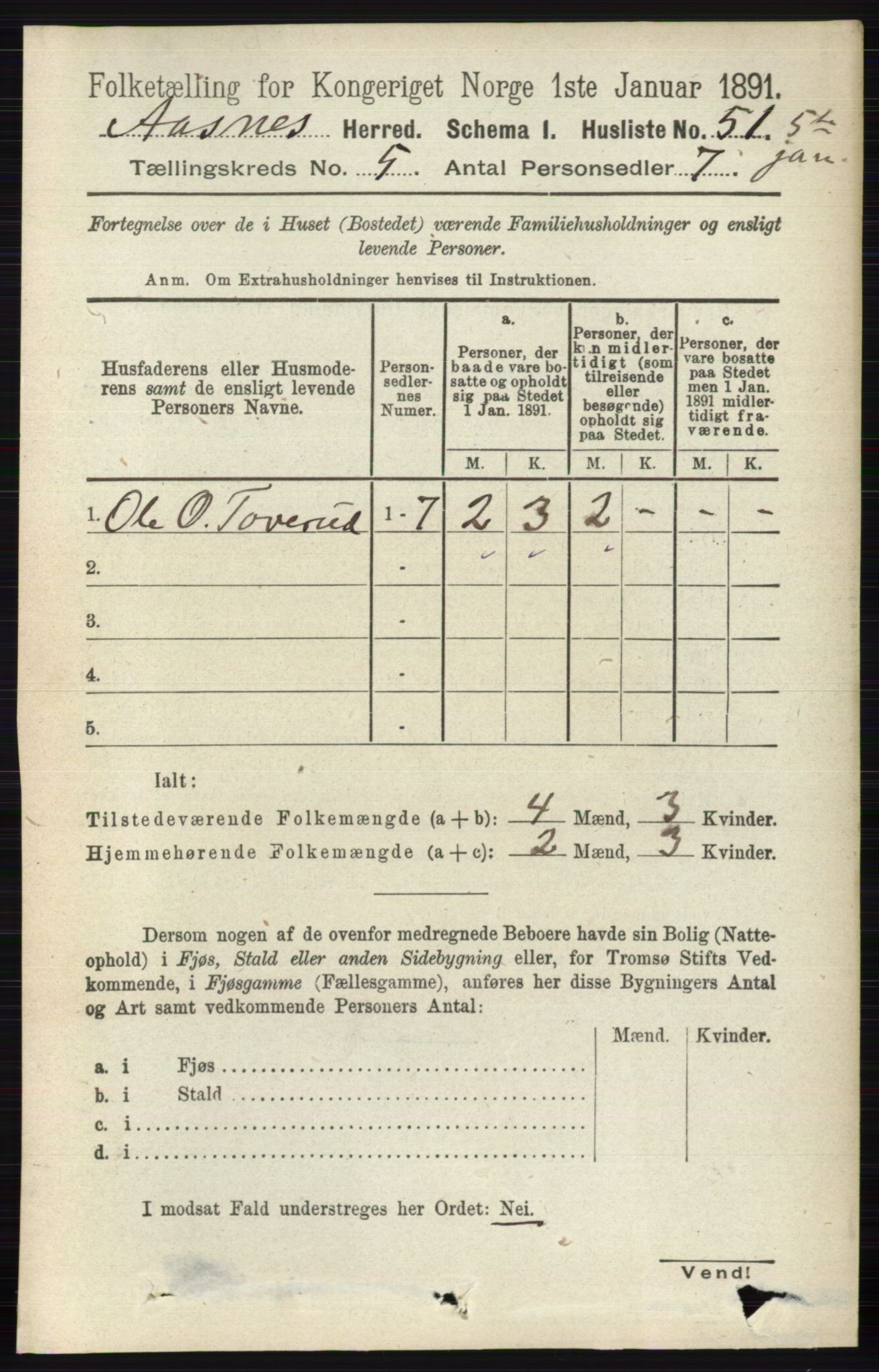 RA, 1891 census for 0425 Åsnes, 1891, p. 2427