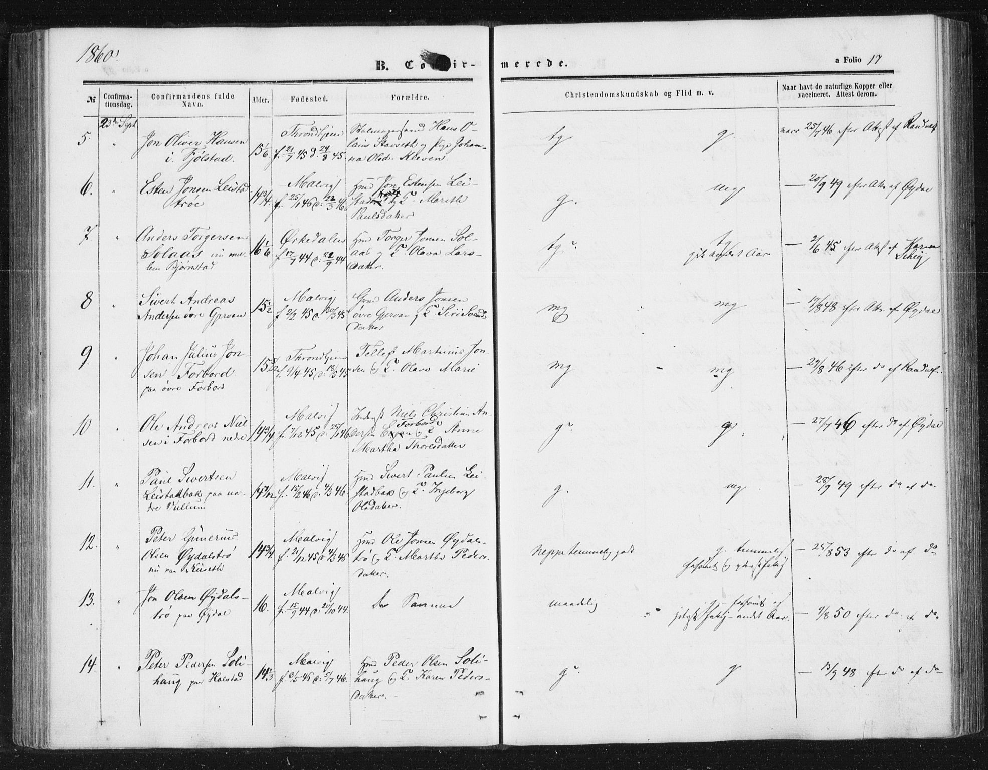 Ministerialprotokoller, klokkerbøker og fødselsregistre - Sør-Trøndelag, SAT/A-1456/616/L0408: Parish register (official) no. 616A05, 1857-1865, p. 17