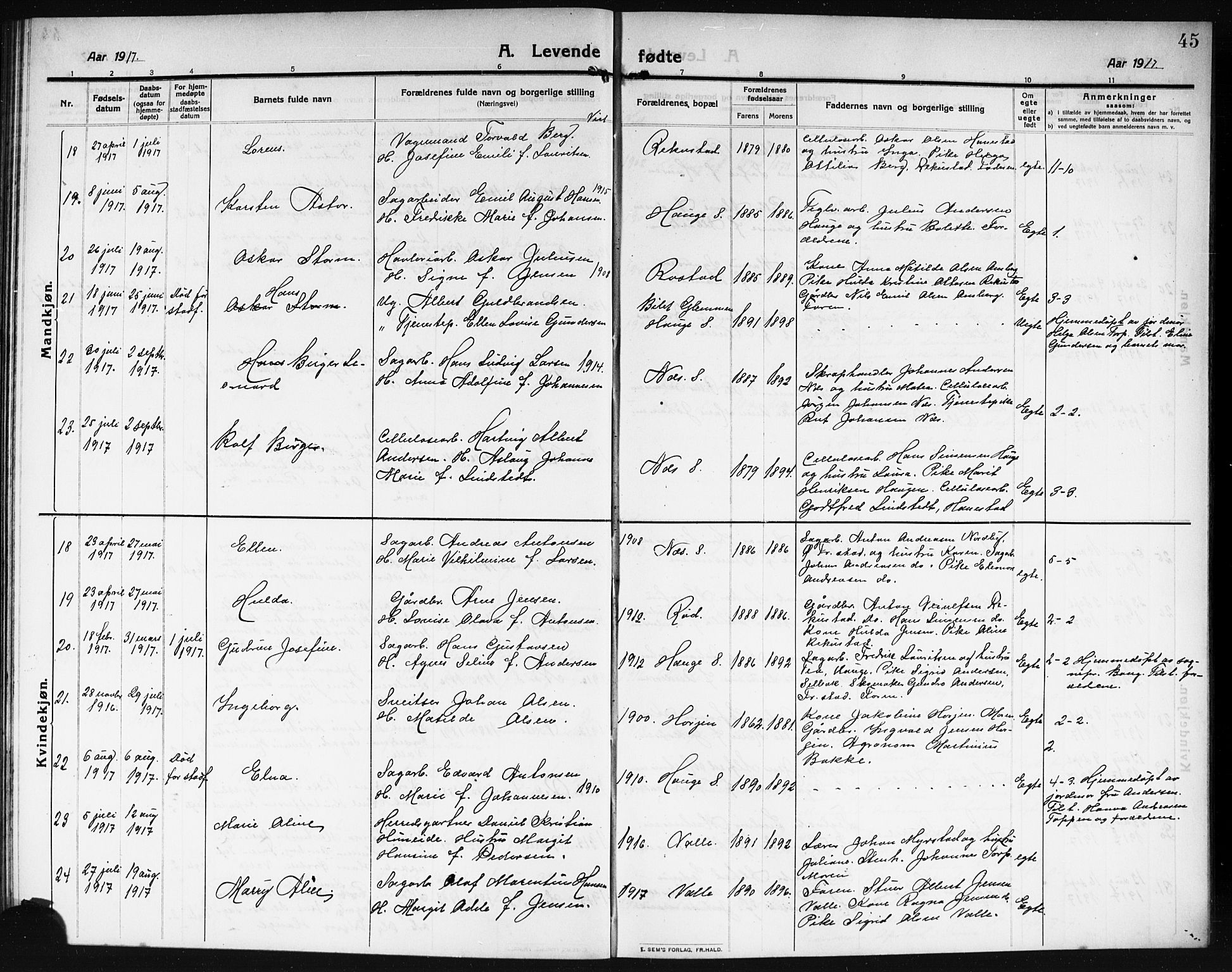 Rolvsøy prestekontor Kirkebøker, AV/SAO-A-2004/G/Ga/L0001: Parish register (copy) no. 1, 1911-1920, p. 45