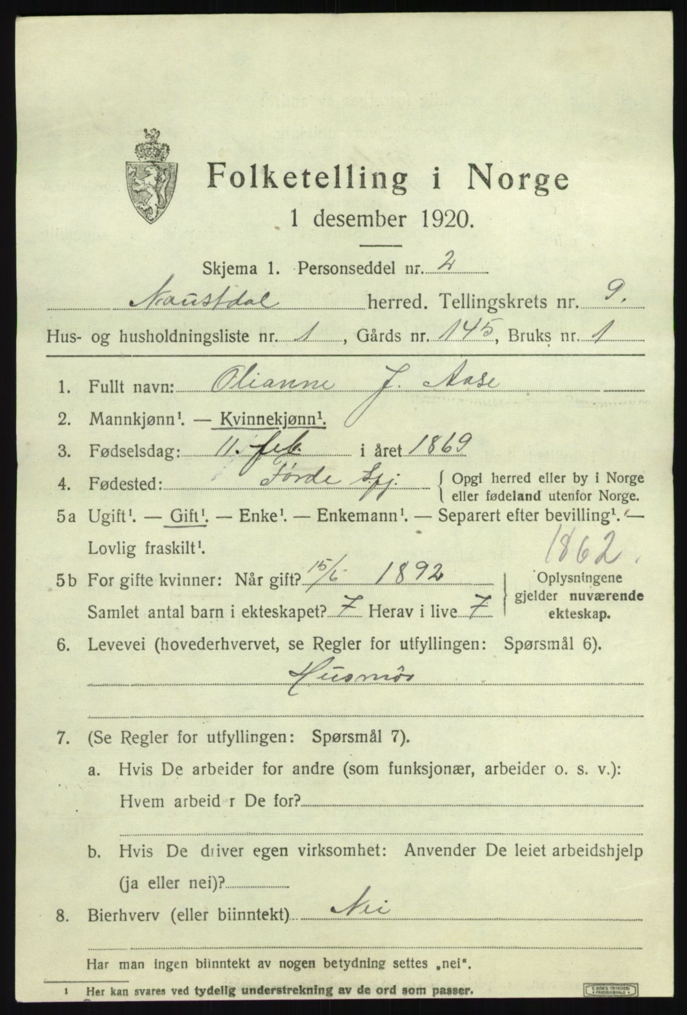 SAB, 1920 census for Naustdal, 1920, p. 5349