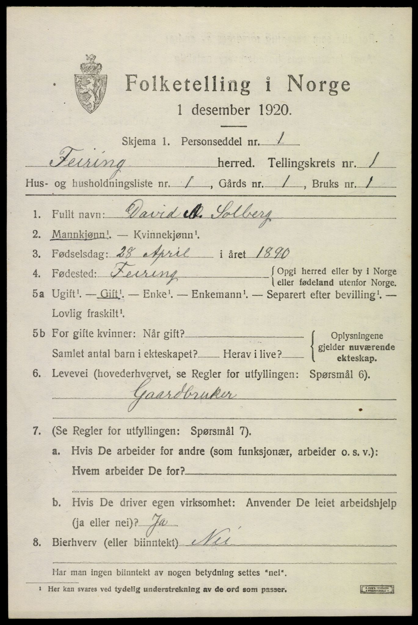 SAO, 1920 census for Feiring, 1920, p. 426