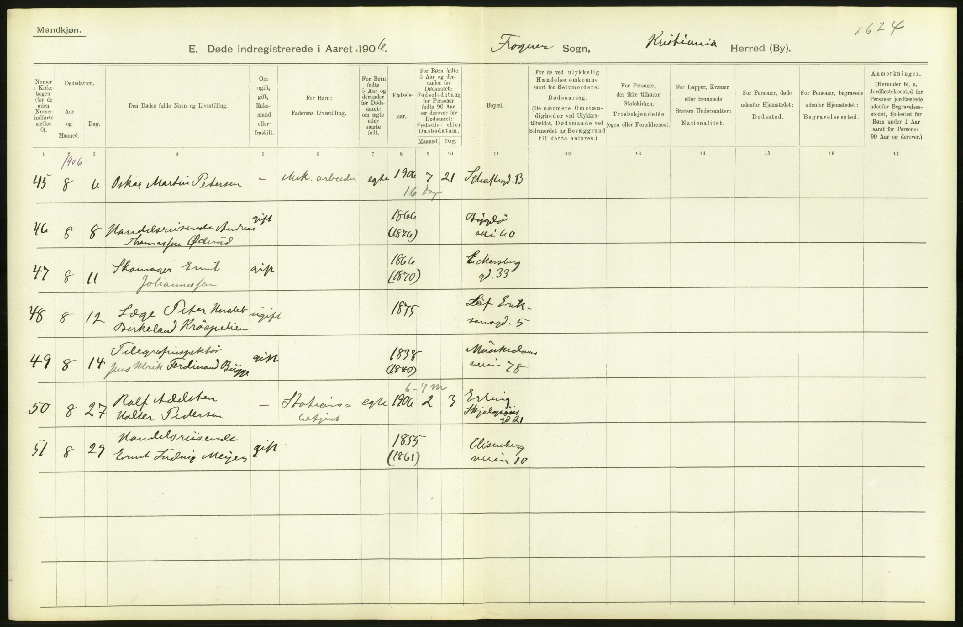 Statistisk sentralbyrå, Sosiodemografiske emner, Befolkning, AV/RA-S-2228/D/Df/Dfa/Dfad/L0009: Kristiania: Døde, 1906, p. 466