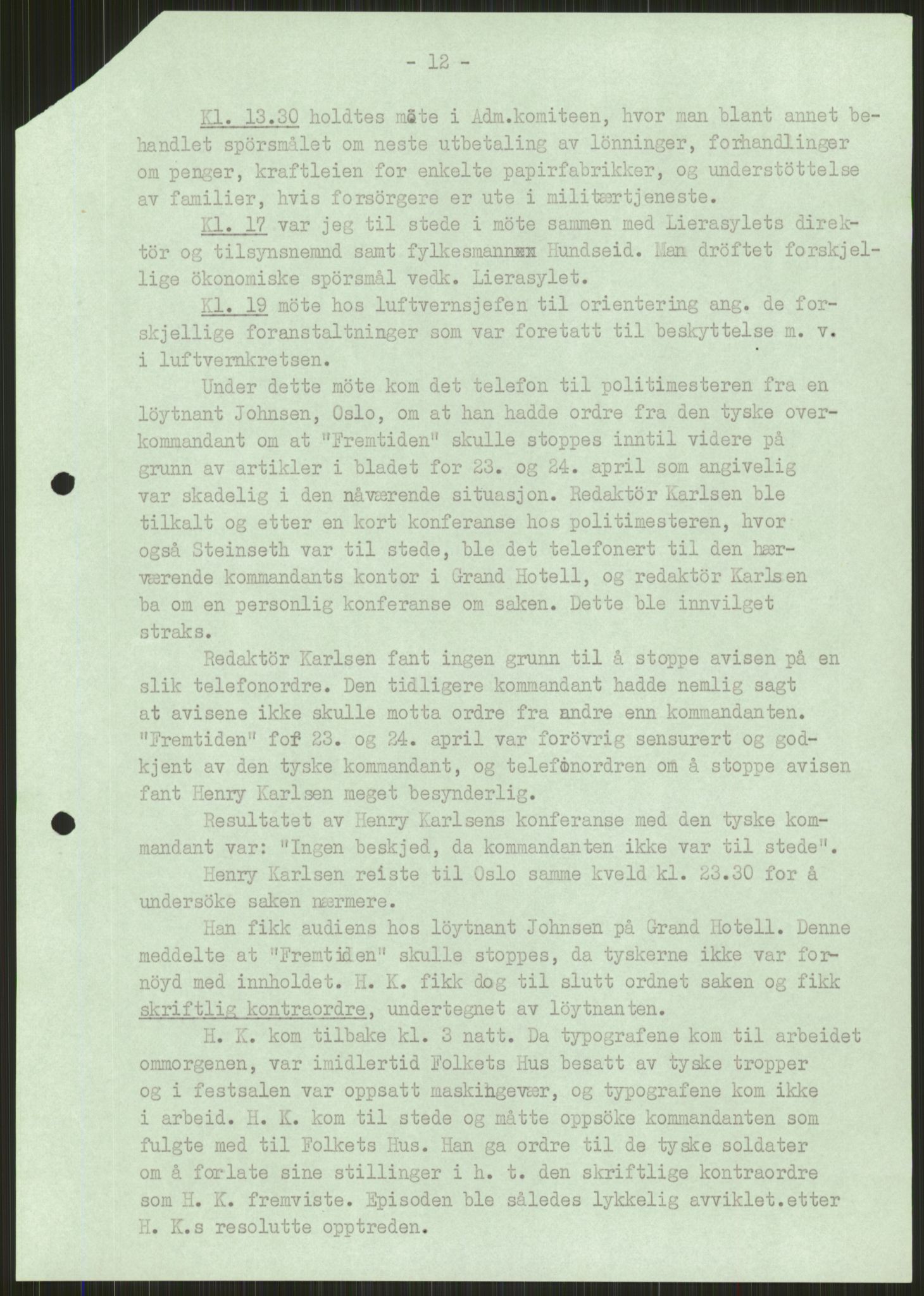 Forsvaret, Forsvarets krigshistoriske avdeling, AV/RA-RAFA-2017/Y/Ya/L0014: II-C-11-31 - Fylkesmenn.  Rapporter om krigsbegivenhetene 1940., 1940, p. 299