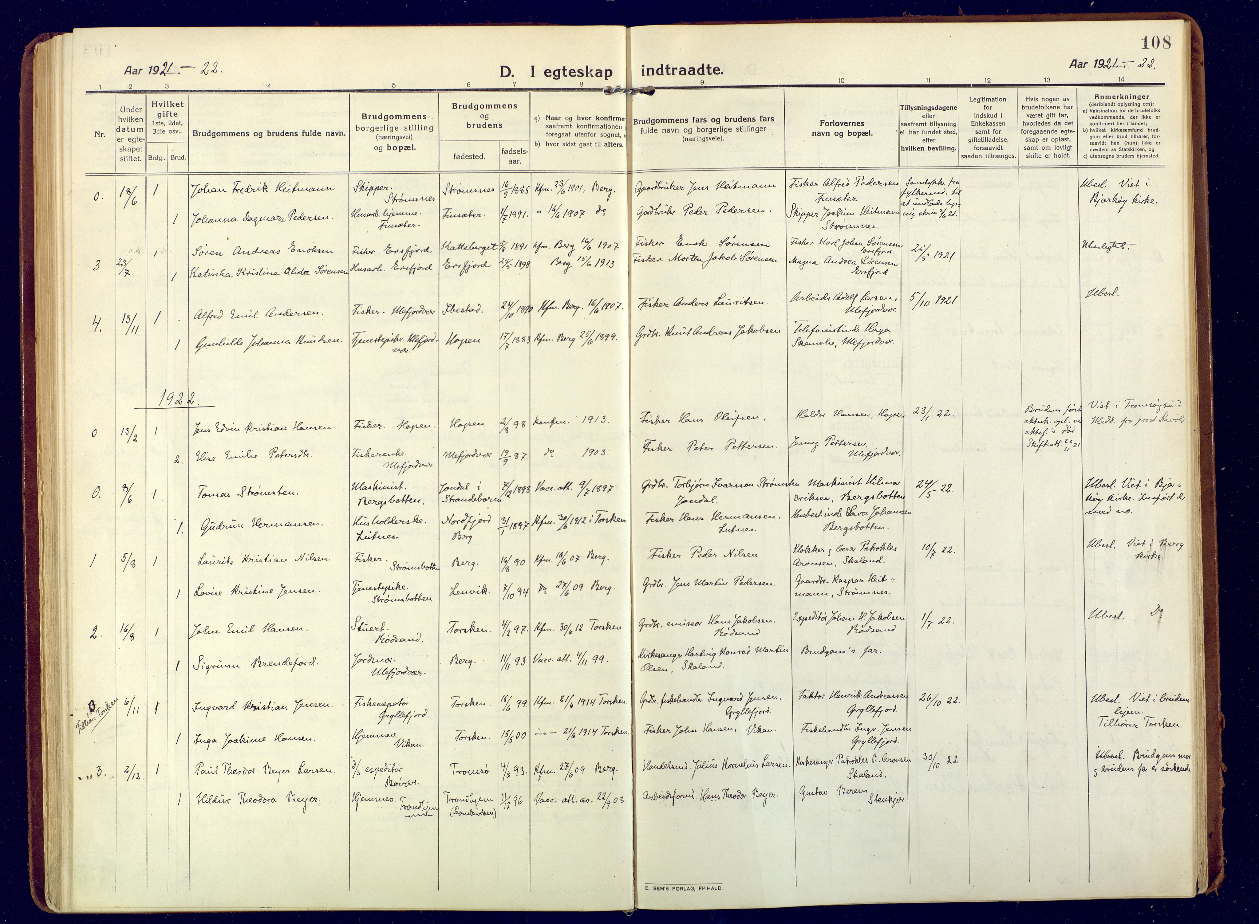 Berg sokneprestkontor, AV/SATØ-S-1318/G/Ga/Gaa/L0009kirke: Parish register (official) no. 9, 1916-1928, p. 108