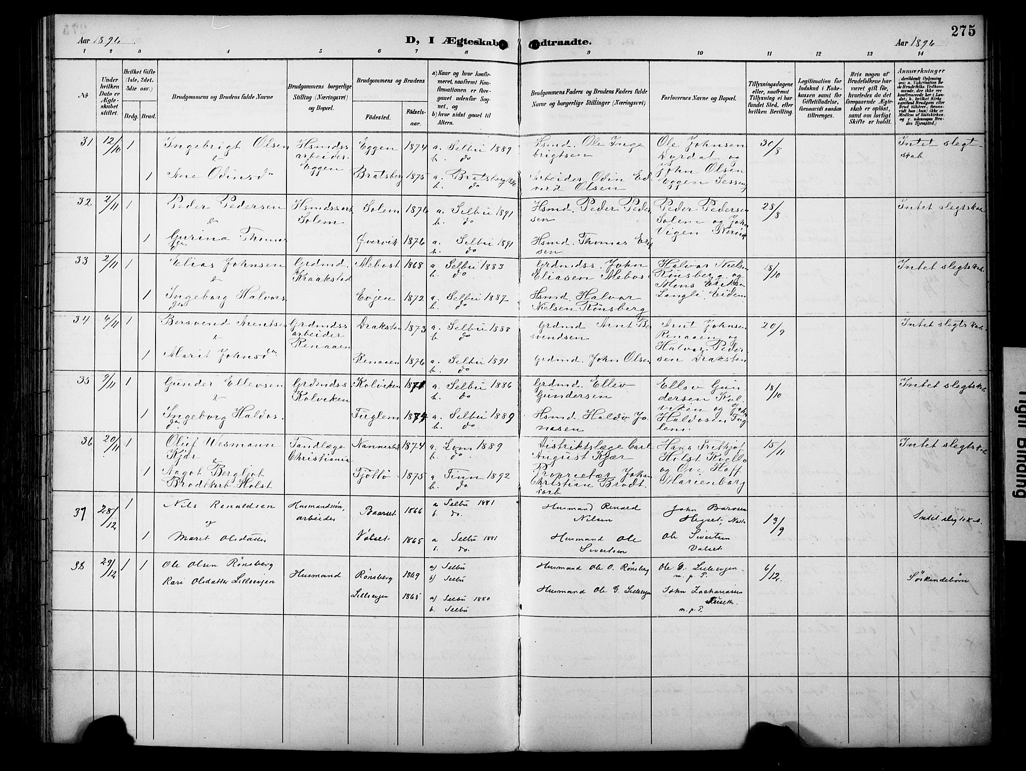Ministerialprotokoller, klokkerbøker og fødselsregistre - Sør-Trøndelag, SAT/A-1456/695/L1149: Parish register (official) no. 695A09, 1891-1902, p. 275