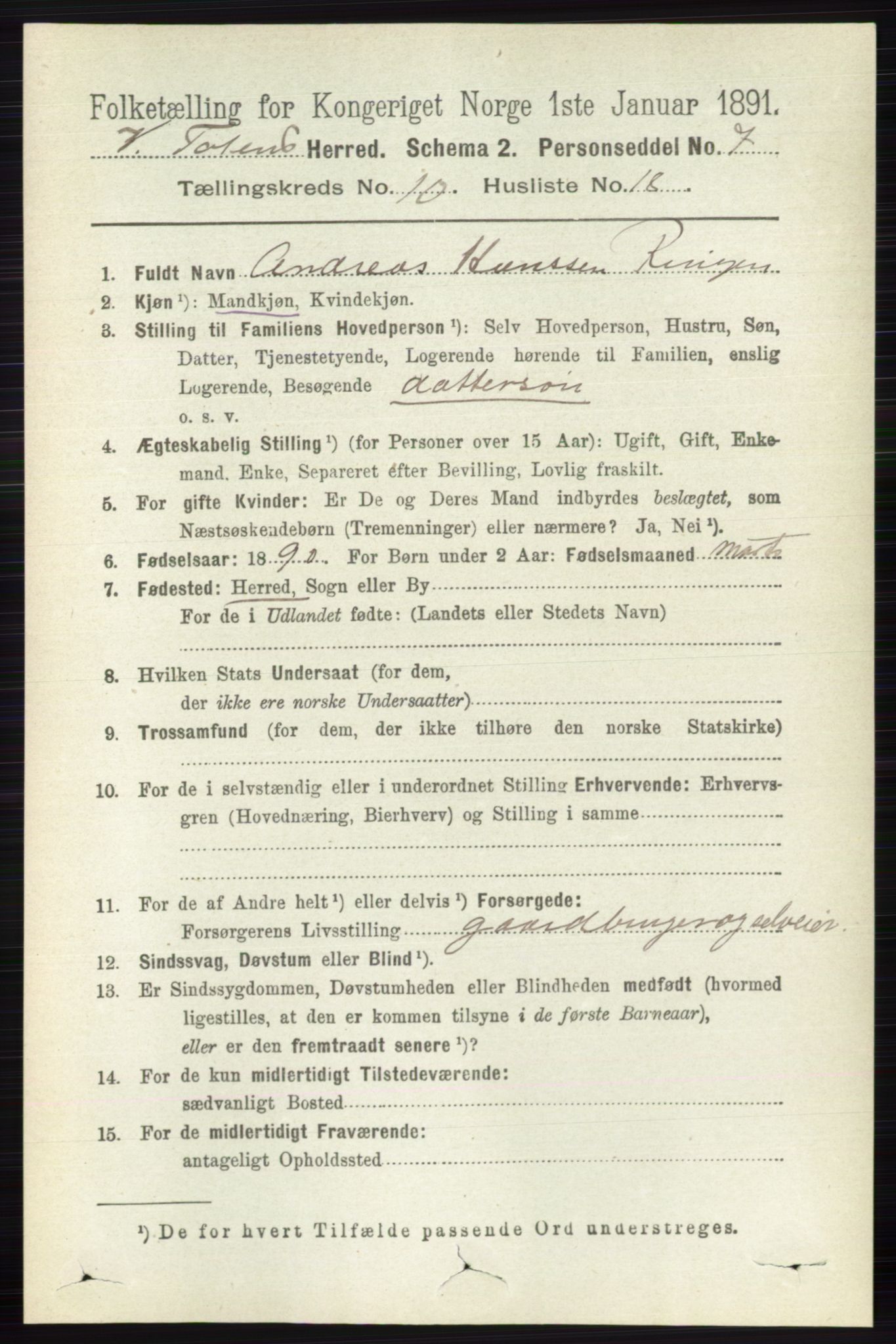 RA, 1891 census for 0529 Vestre Toten, 1891, p. 6297