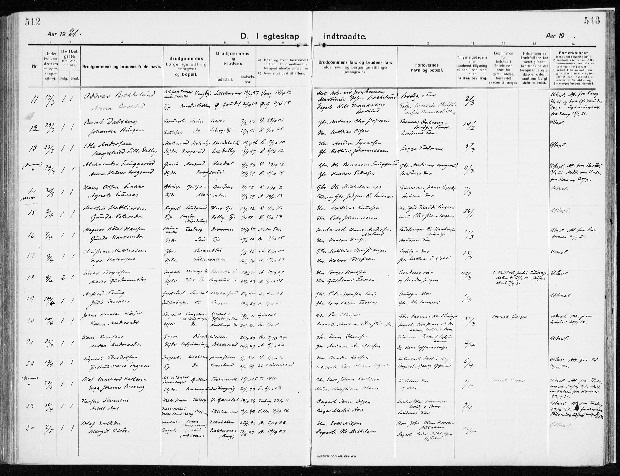 Ringsaker prestekontor, SAH/PREST-014/K/Ka/L0020: Parish register (official) no. 20, 1913-1922, p. 512-513