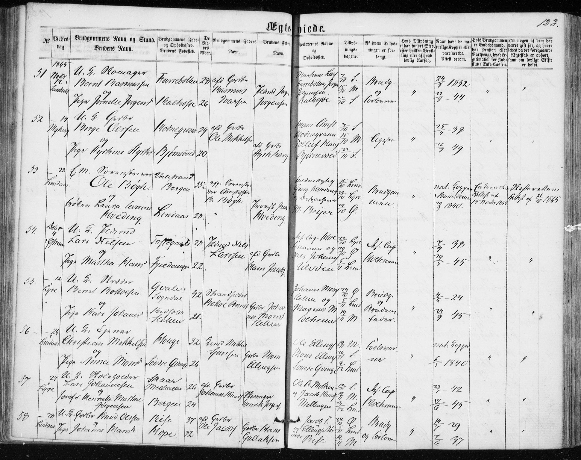 Lindås Sokneprestembete, SAB/A-76701/H/Haa: Parish register (official) no. A 16, 1863-1875, p. 123