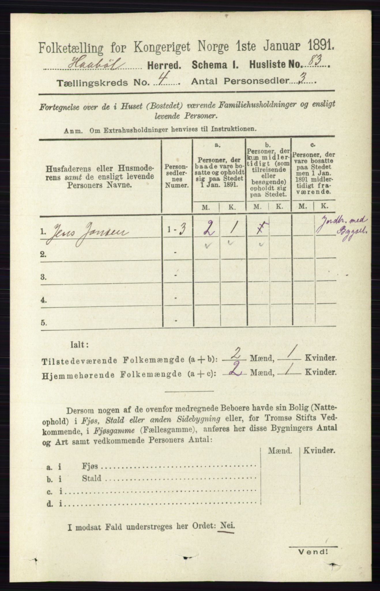 RA, 1891 census for 0138 Hobøl, 1891, p. 2412