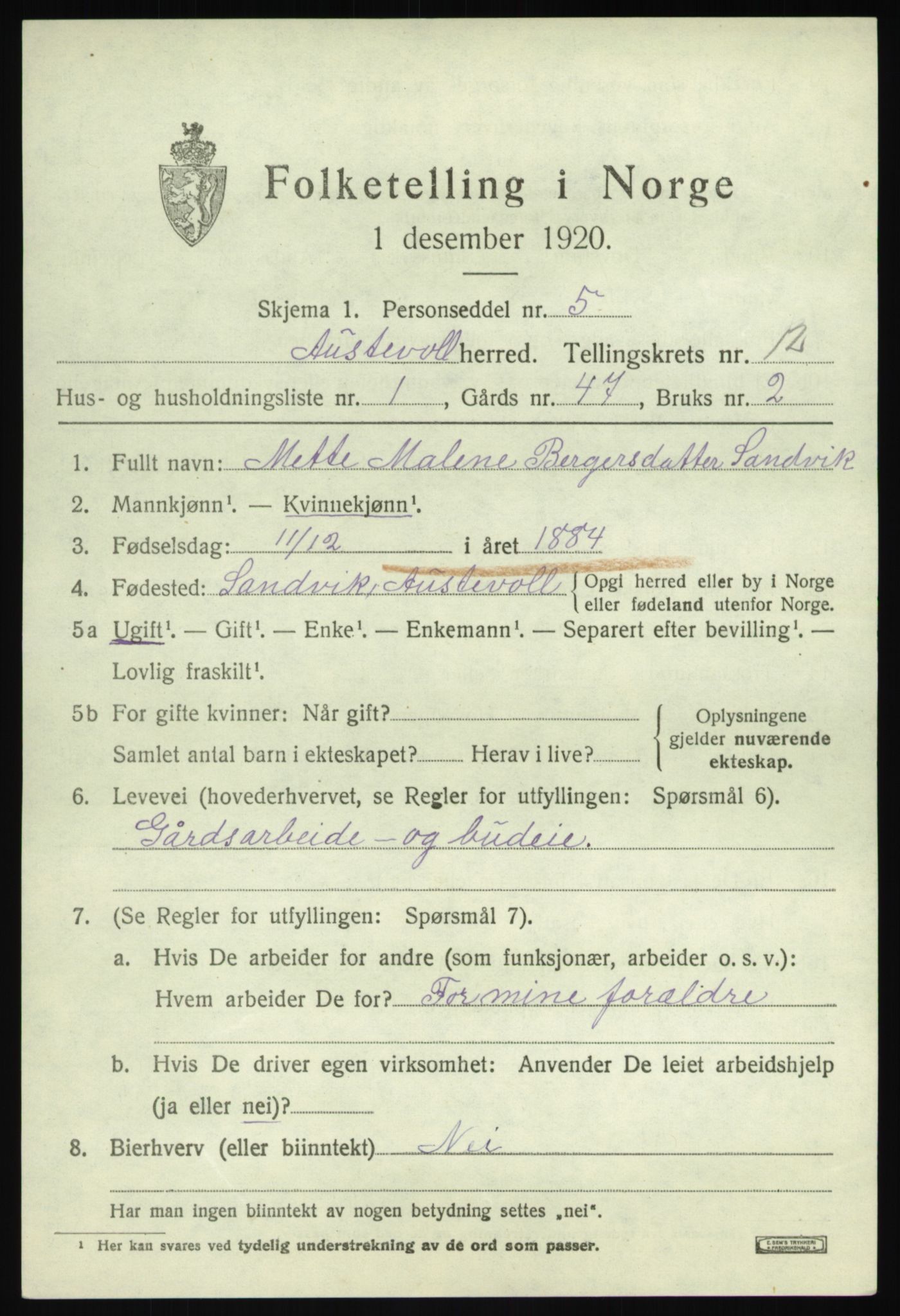 SAB, 1920 census for Austevoll, 1920, p. 6544