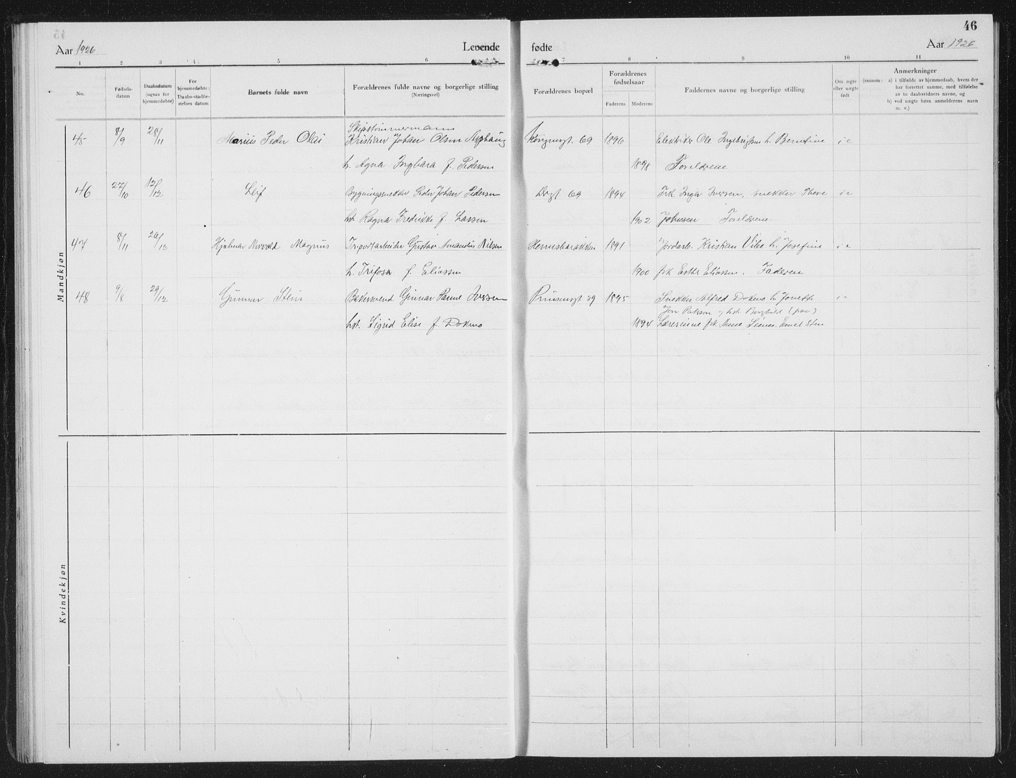 Ministerialprotokoller, klokkerbøker og fødselsregistre - Nordland, AV/SAT-A-1459/801/L0037: Parish register (copy) no. 801C12, 1921-1937, p. 46