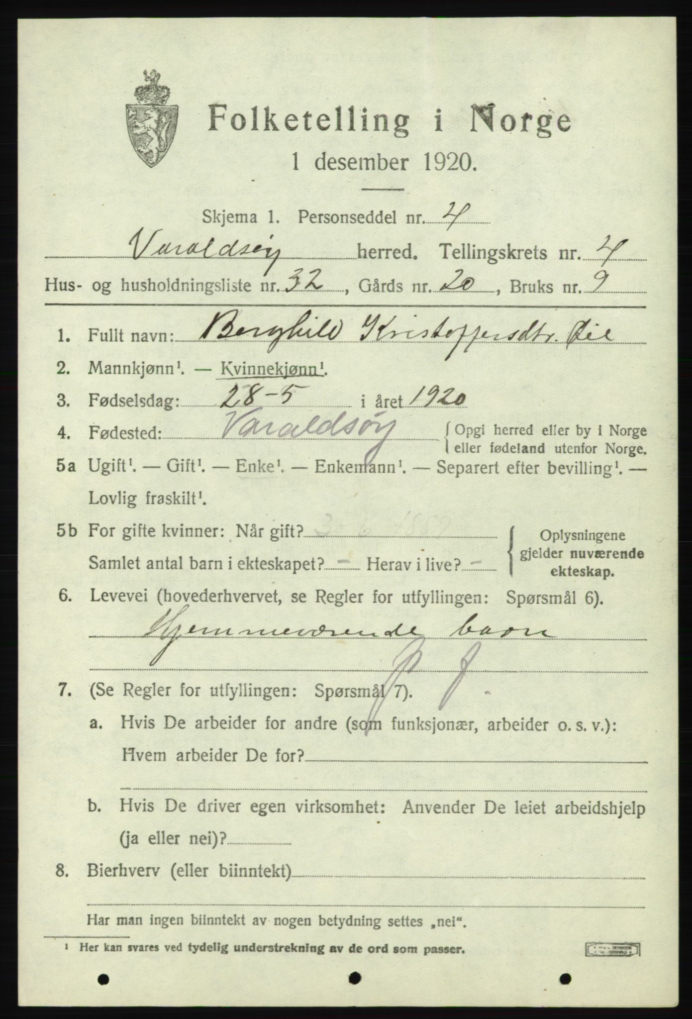 SAB, 1920 census for Varaldsøy, 1920, p. 1781