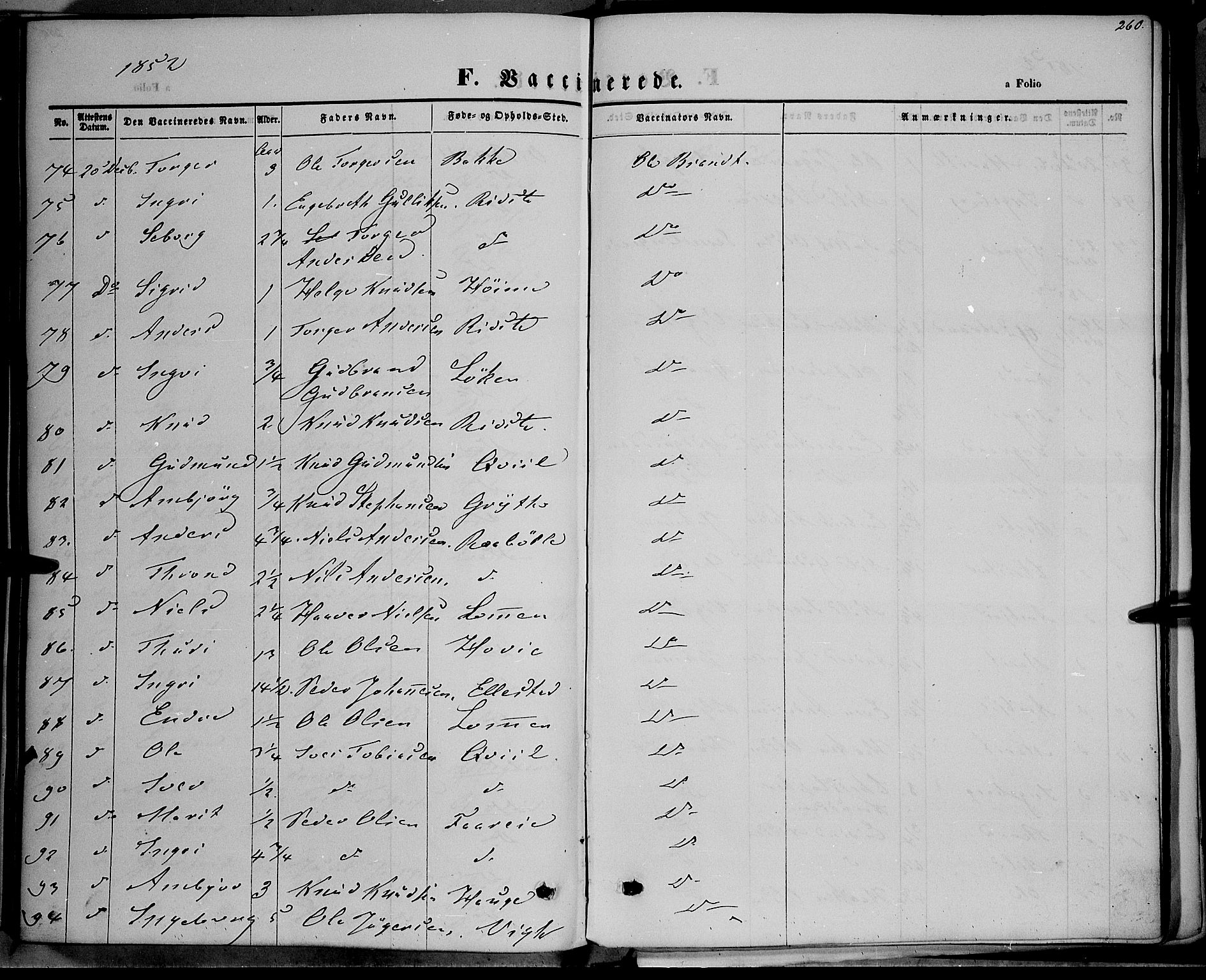 Vestre Slidre prestekontor, SAH/PREST-136/H/Ha/Haa/L0001: Parish register (official) no. 1, 1844-1855, p. 260